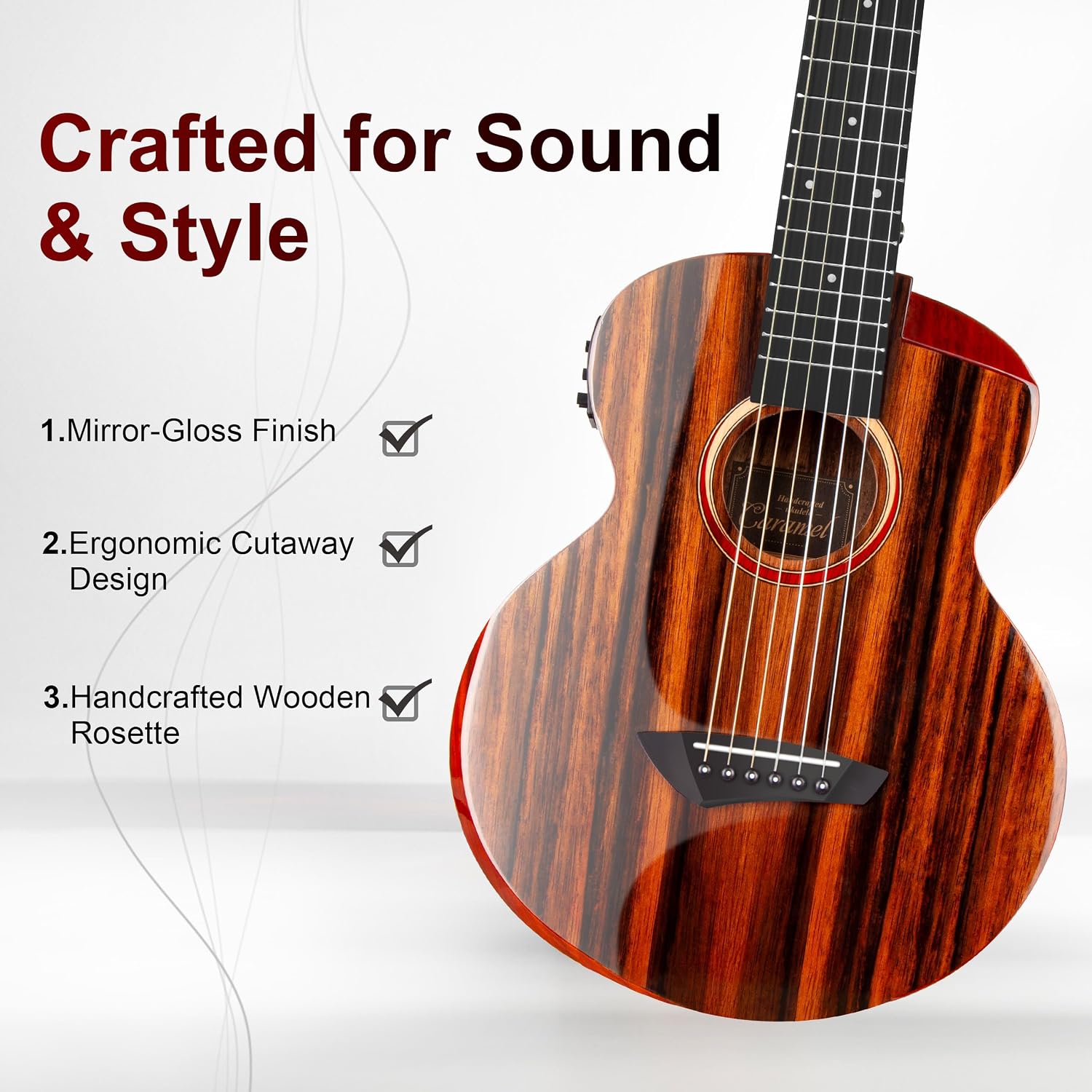 Caramel GEG91 Cutaway Ebony Glossy Guitalele | 30-inch Handmade Professional 6-String Acoustic & Electric Guitalele Kit with Accessories for Travel