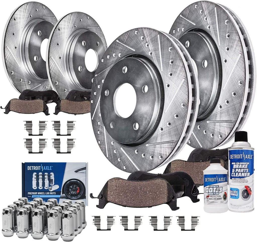 Detroit Axle - Brake Kit for Ford Flex Taurus Lincoln MKS, 12.80'' inch Front and 12.99'' inch Rear Drilled & Slotted Disc Brake Rotors Ceramic Brake Pads Wheel Lug Nuts Replacement