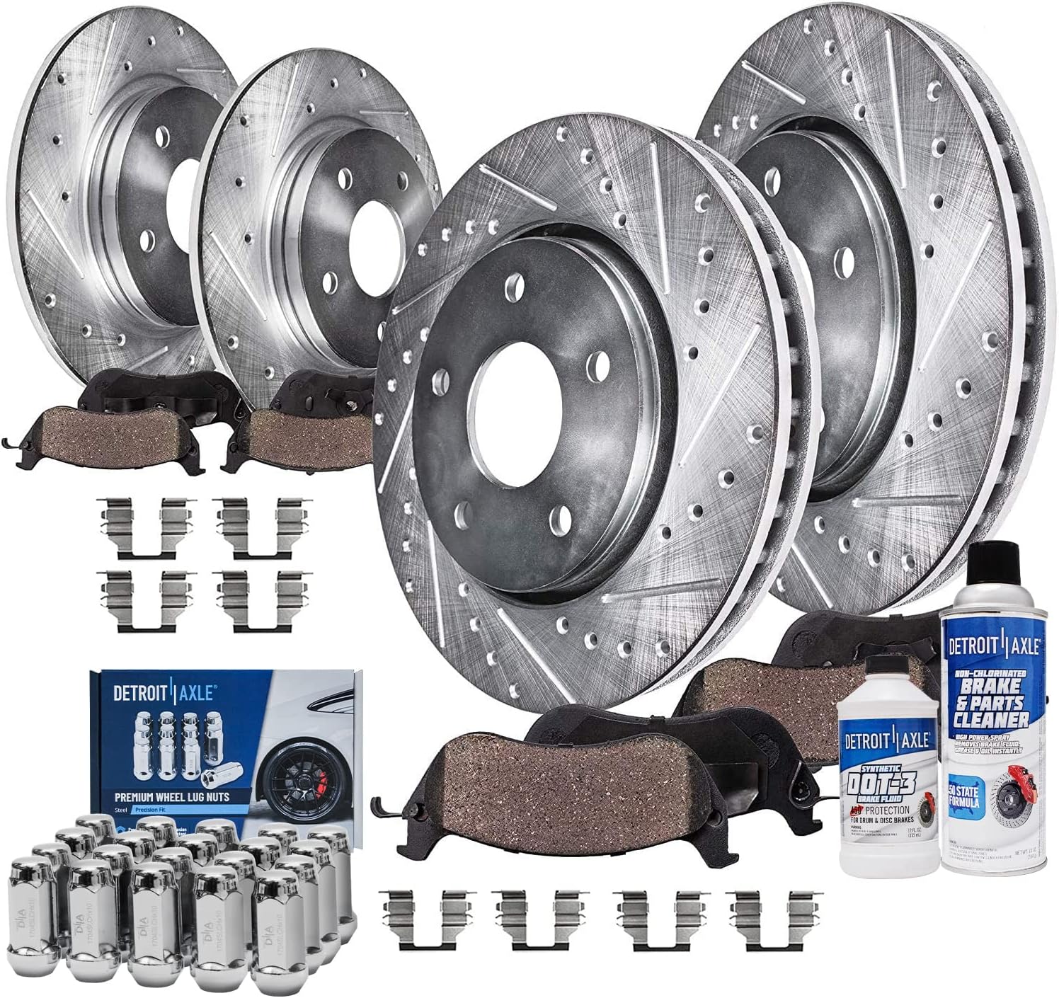 Detroit Axle - Brake Kit for Ford Flex Taurus Lincoln MKS, 12.80'' inch Front and 12.99'' inch Rear Drilled & Slotted Disc Brake Rotors Ceramic Brake Pads Wheel Lug Nuts Replacement