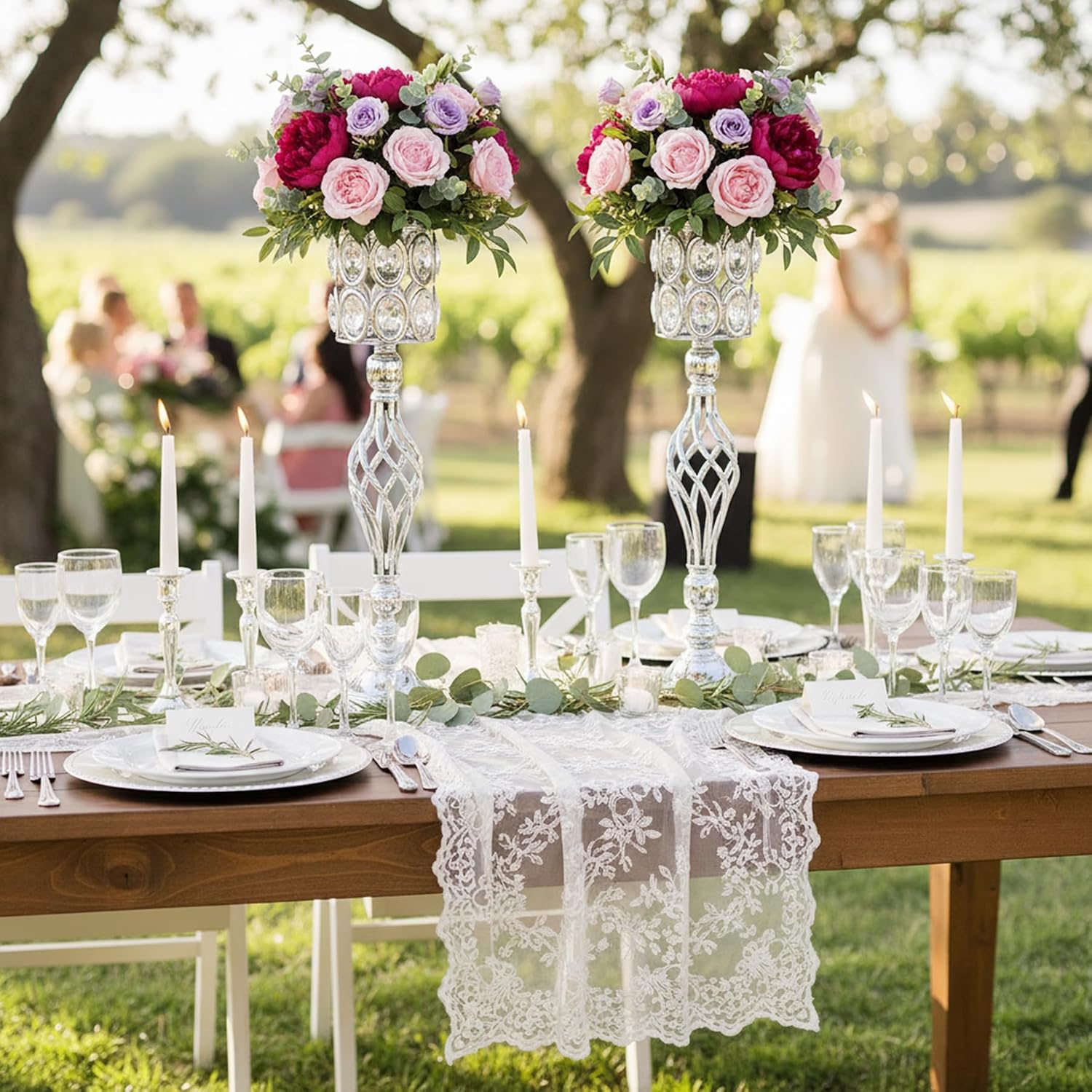Crystal Wedding Centerpiece Vases for Tables - Set of 10 Metal Silver Vases, 24in Tall Versatile Flower Holders, Elegant Flower Stands for Centerpieces Wedding Party Reception Christmas Home Decor