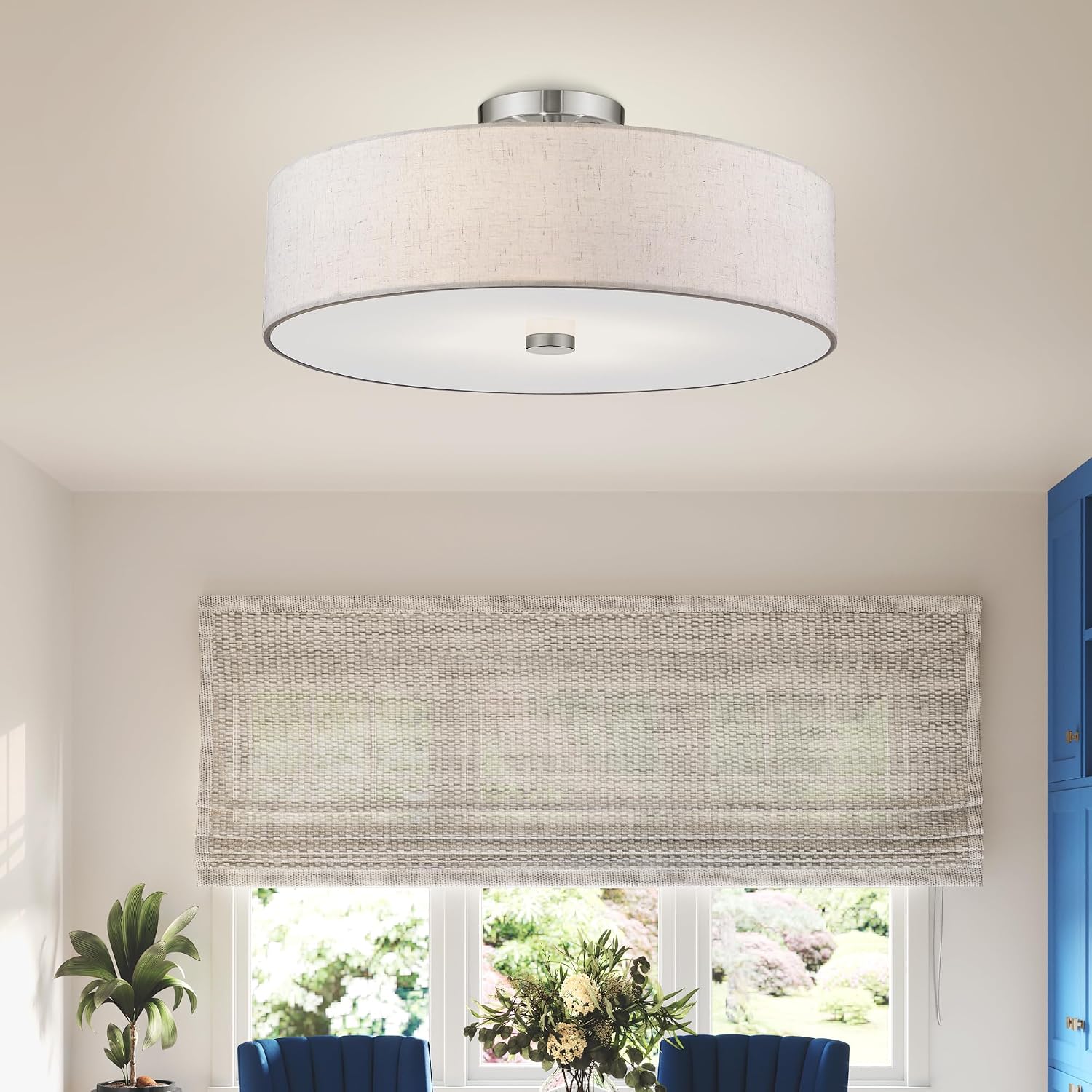 Livex Lighting 52136-91 Meridian Collection 4-Light Semi Flush Mount Ceiling Fixture with Oatmeal Color Fabric Hardback Drum Shade and Satin White Diffuser, Brushed Nickel