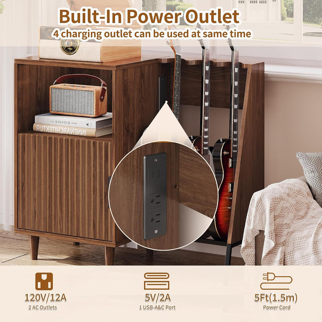 Guitar Stand with Vinyl Record Storage, Record Player Stand with Multiple Guitars Holder, Built-in Power Outlet, Guitar Amp Stand for Acoustic, Electric Guitar, Bass, Speaker, Amp