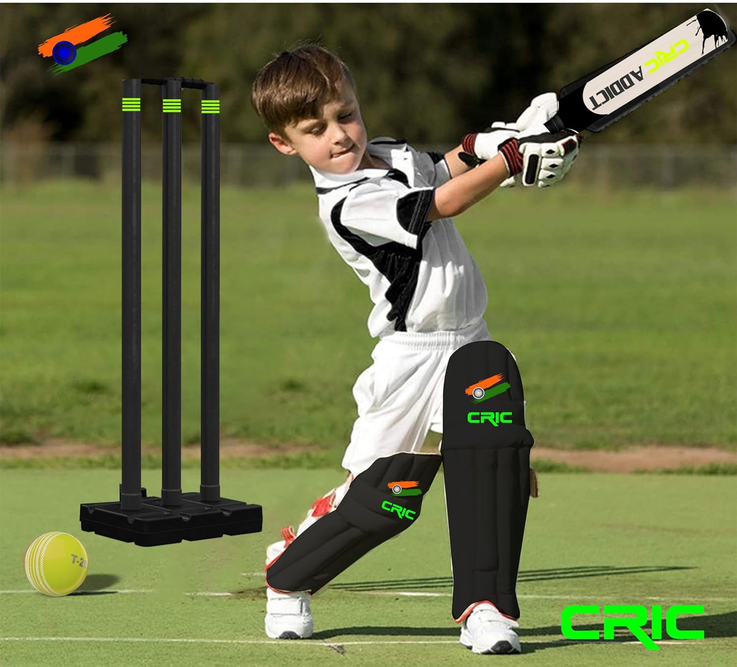 jaspo Cric-Addict Legender Cricket Set for Kids, Kit with legguards,Gloves,Bag,Ball,4stumps,2stands,2bails & a Strong Plastic bat for Initial Training, for Boys Girls(Size-5) up to 12 Years