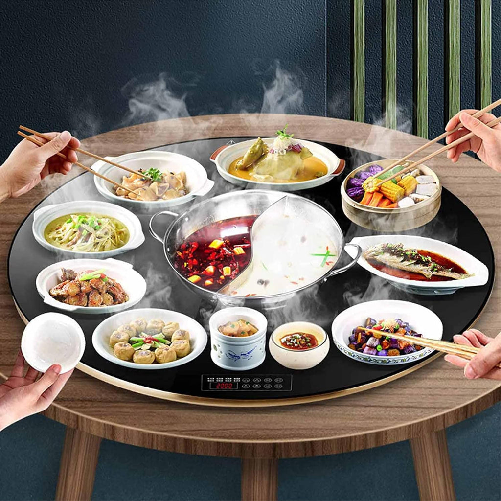 Food and Plate Warming Tray, Round Electric Warming Tray Multifunction Hot Plates Manual Rotation Tempered Glass Surface Rapid Heating for Food Heating and Keeping Warm