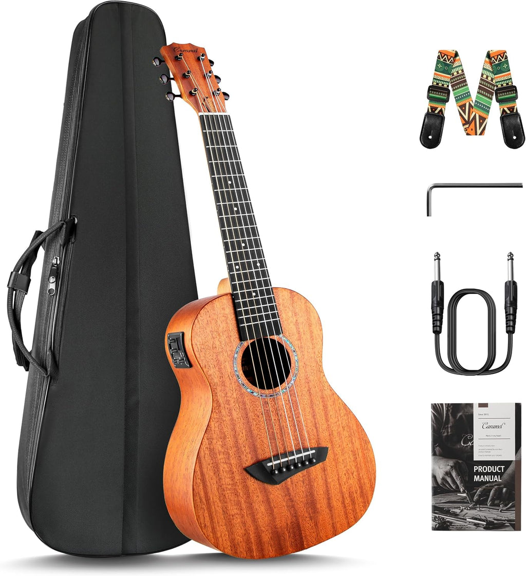 Caramel 30 inch All Solid Mahogany 6 String Ukulele Guitalele Wooden LCD color display Electric Guitalele Kit Small Hawaiian Beginner Guitar Starter Pack Bundle Gig bag, Strap,Strings Set