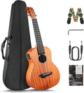 Caramel 30 inch All Solid Mahogany 6 String Ukulele Guitalele Wooden LCD color display Electric Guitalele Kit Small Hawaiian Beginner Guitar Starter Pack Bundle Gig bag, Strap,Strings Set