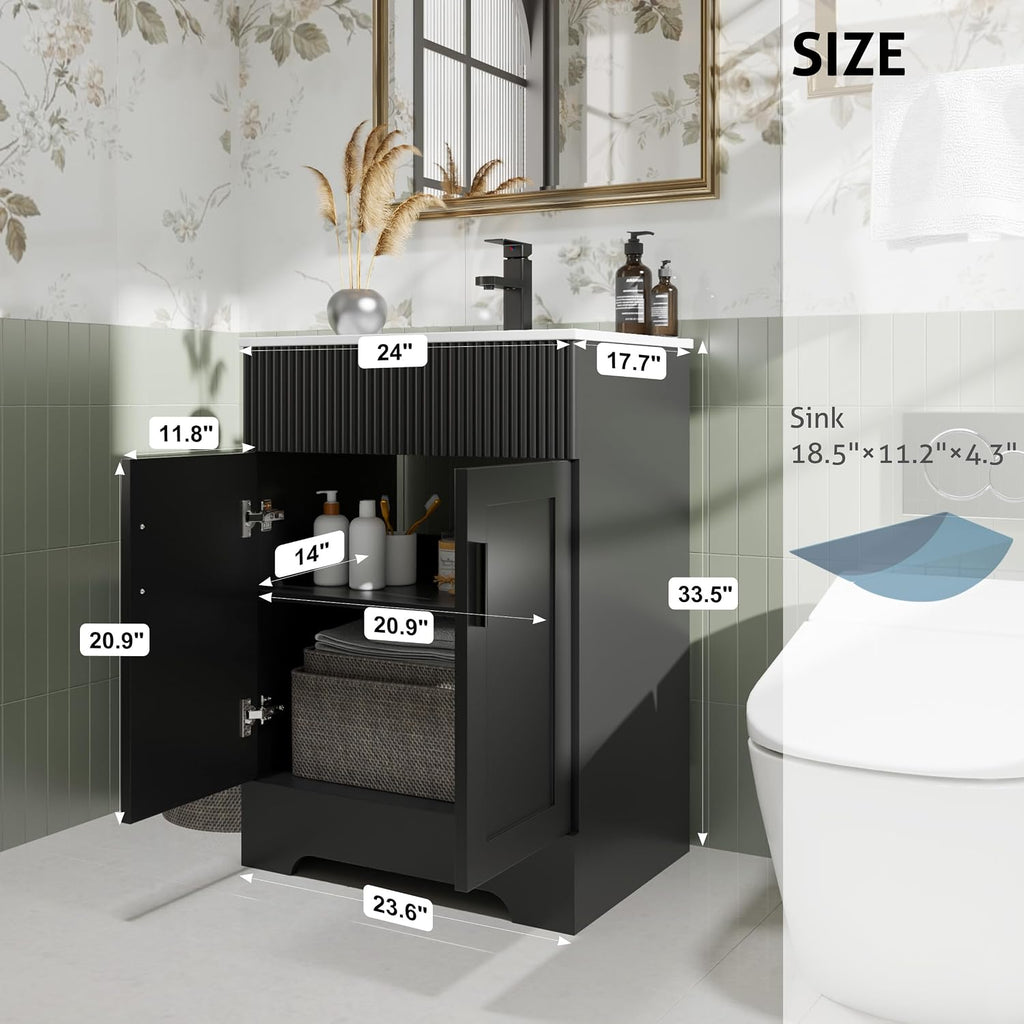 eclife 24' Bathroom Vanities Sink Combo with Painted Surface, Modern Drawered Cabinet W/Decorative Wave Lines, Undermount Single White Sink, Matte Black Faucet Drain, Black