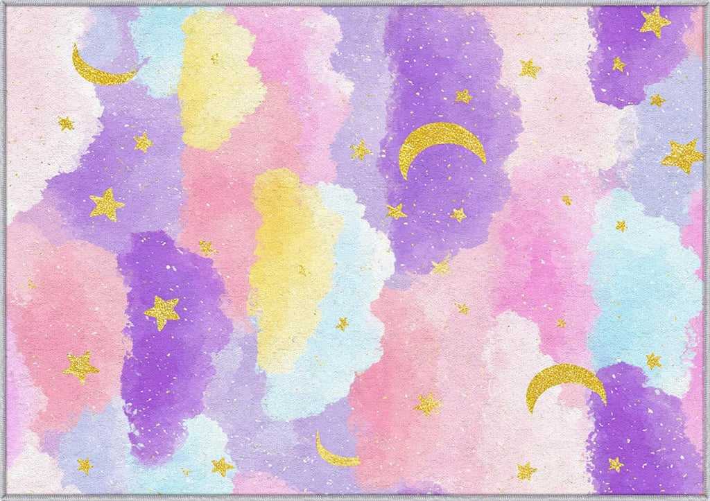 Rainbow Cloud Rug 8x12 for Bedroom, Moon Star Patterned Living Room Area Rug, Rainbow Cloud Kids Boys Girls Room Decor, Washable Soft Thin Carpet with Non Slip Backing, 8 x 12 ft - Lu11708