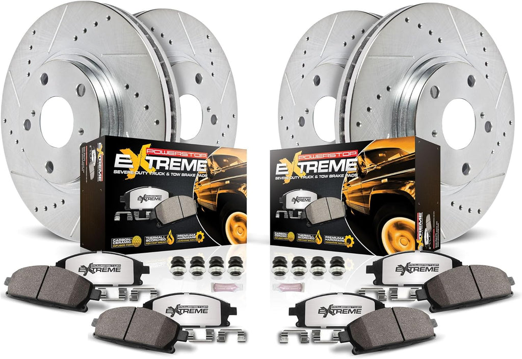 PowerStop Front & Rear Brake Kit For Cadillac Escalade 2021-24 |Chevrolet Silverado 1500 2019-24 - Truck & Tow Carbon Fiber Ceramic Brake Pads + Drilled & Slotted Rotors Upgrade, K8171-36