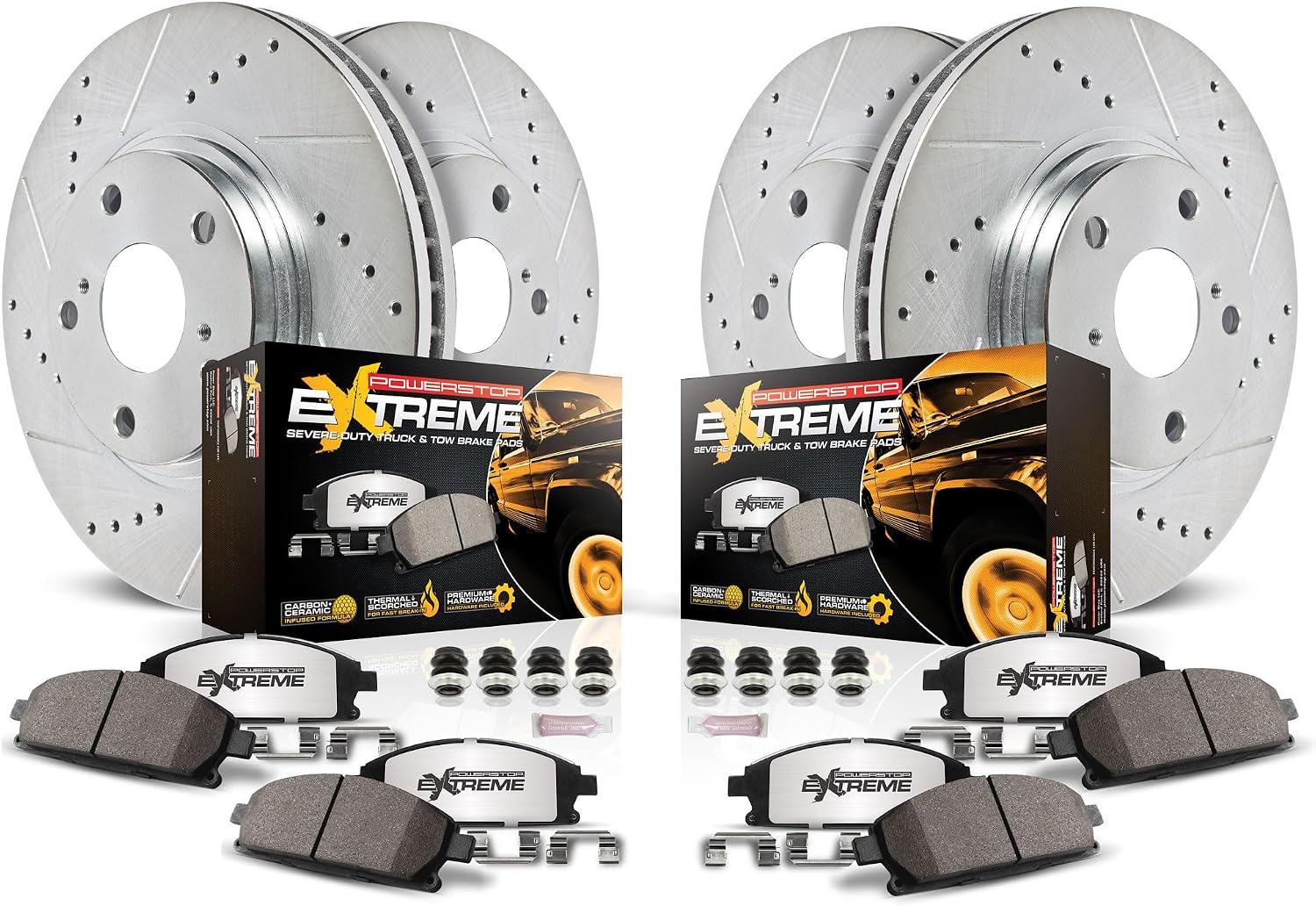 PowerStop Front & Rear Brake Kit For Cadillac Escalade 2015-20 |Chevrolet Silverado 1500 2014-18 - Truck & Tow Carbon Fiber Ceramic Brake Pads + Drilled & Slotted Rotors Upgrade, K6560-36