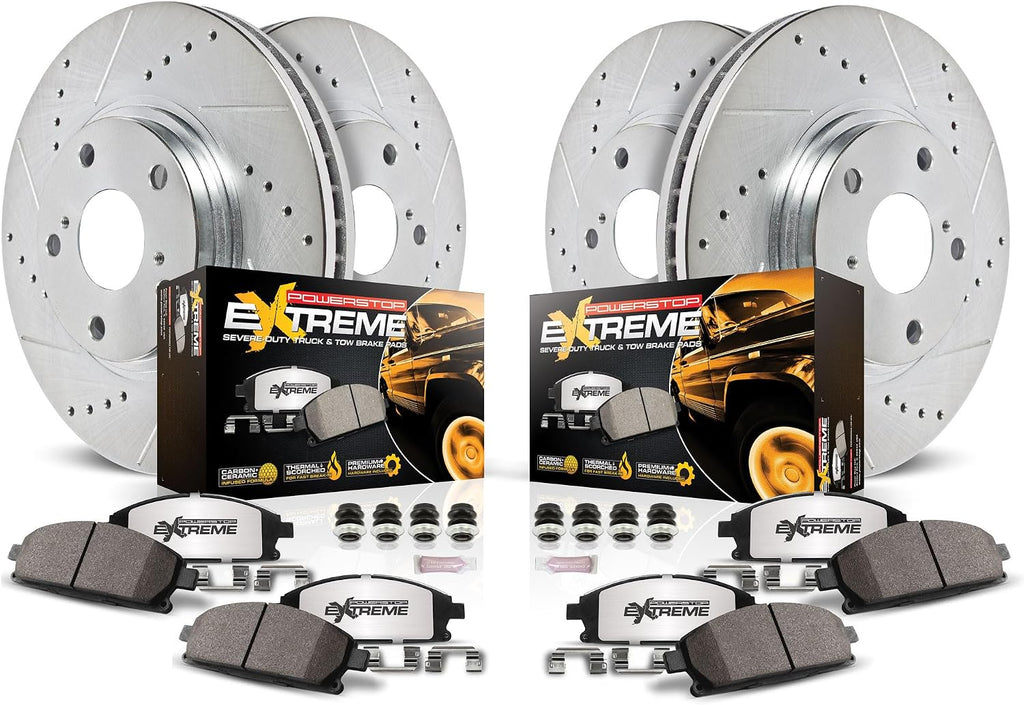 PowerStop Front & Rear Brake Kit For Ford F-150 2004-08 | Lincoln Mark LT 2006-08 - Truck & Tow Carbon Fiber Ceramic Brake Pads + Drilled & Slotted Rotors Upgrade, K1944-36