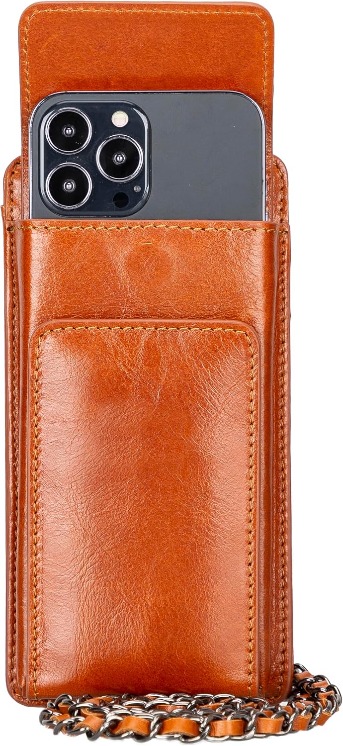 Crossbody Women Wallet fits iPhone 16 Pro MAX / 17 Pro MAX and All Mobile Devices up to 6.9' - Zippered Women Purse, Shoulder Bag with Card Holder, Pocket & Chain Strap, Trendy (Chestnut)