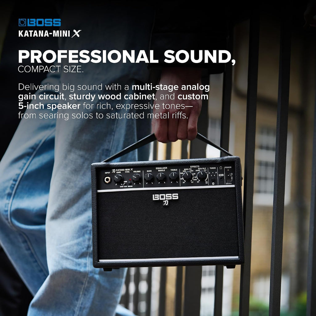 BOSS Katana-Mini X | Powerful 10-Watt Mini Amplifier for Electric, Acoustic & Bass | Tube Logic Design | Custom 5' Speaker | Versatile Sounds & Dual Effects | Bluetooth | Built-in Rechargeable Battery