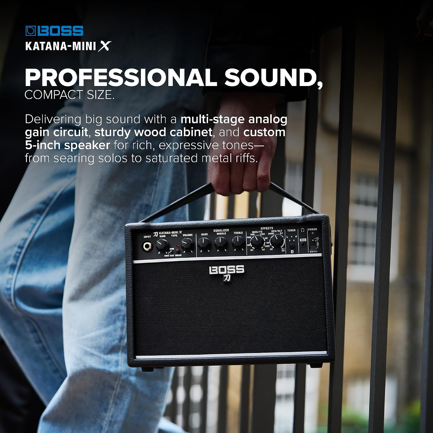 BOSS Katana-Mini X | Powerful 10-Watt Mini Amplifier for Electric, Acoustic & Bass | Tube Logic Design | Custom 5' Speaker | Versatile Sounds & Dual Effects | Bluetooth | Built-in Rechargeable Battery