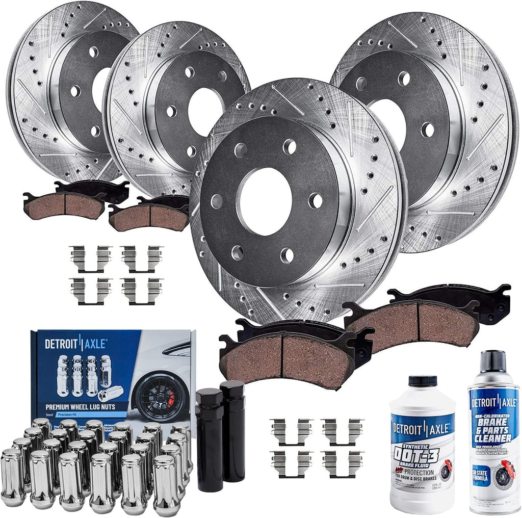 Detroit Axle - Brake Kit for Chevy Silverado 1500 Tahoe GMC Sierra 1500 Yukon Cadillac Escalade, Front Rear Drilled Slotted Brake Rotors Ceramic Brake Pads Wheel Lug Nuts Socket Keys Replacement