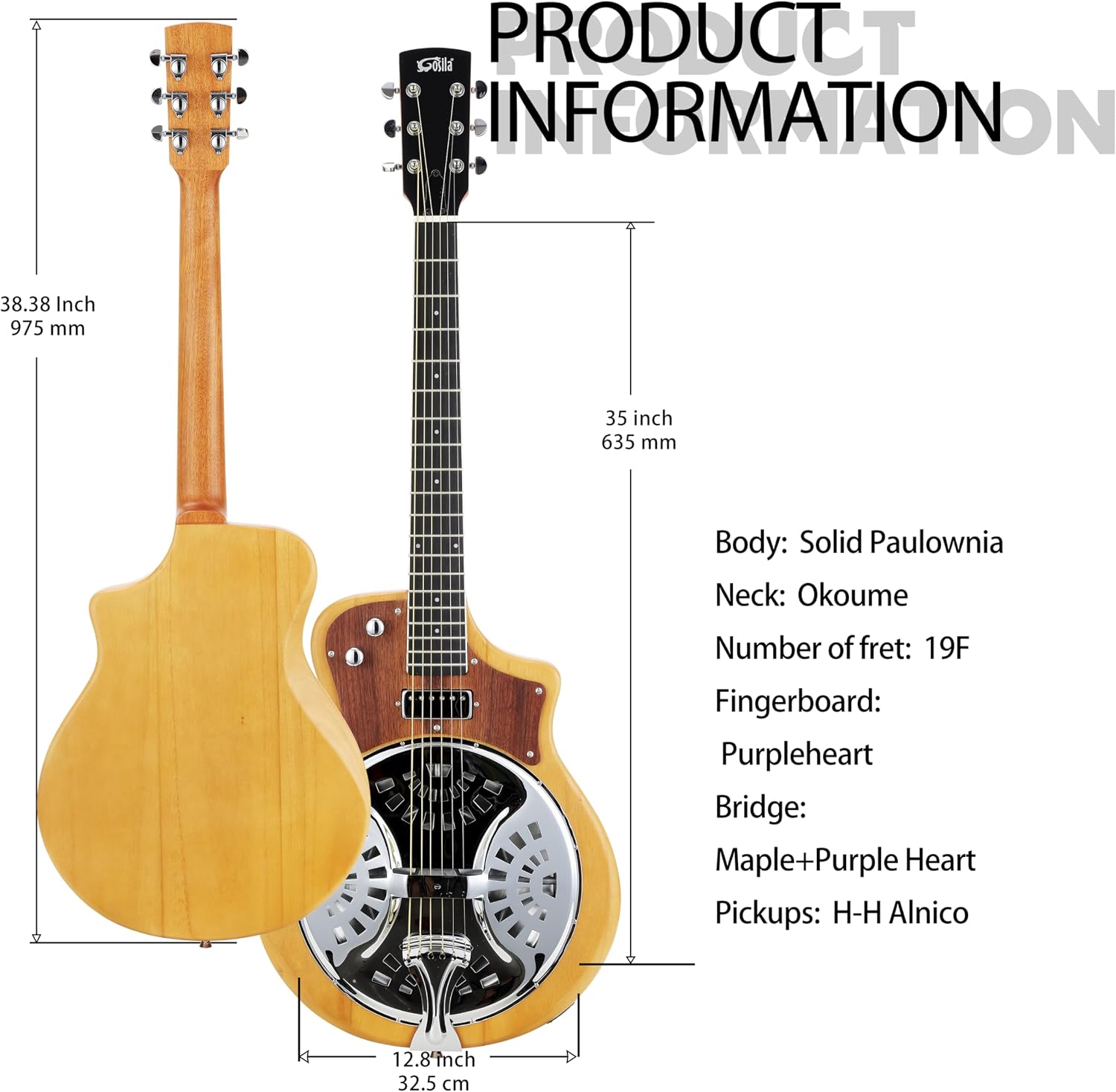6-String Electric Resonator Guitar Solid Paulownia Top & Body, Okoume Neck, Purple Heart Fingerboard, HH Ceramic Pickups, 635mm Scale, Matte Finish, Phosphor Bronze Strings