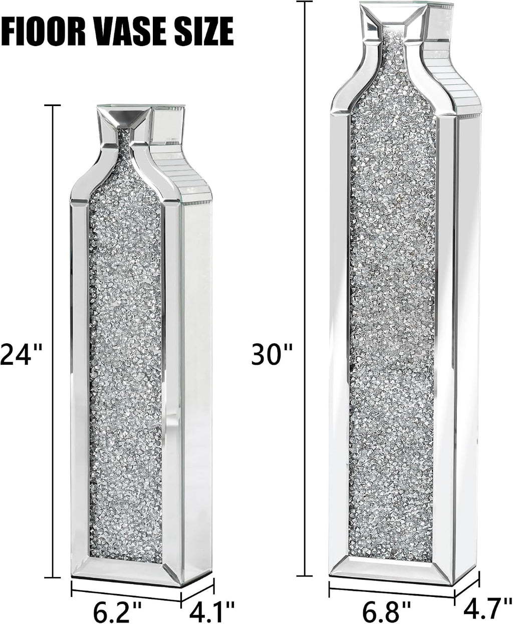 SHYFOY Floor Vase Crushed Diamond Mirrored Vase - Silver Floor Standing Vases Set of 2-24' & 30' Large Crystal Tall Vases for Living Room Dining Bedroom Home Corner Hallway Indoor Office Floor