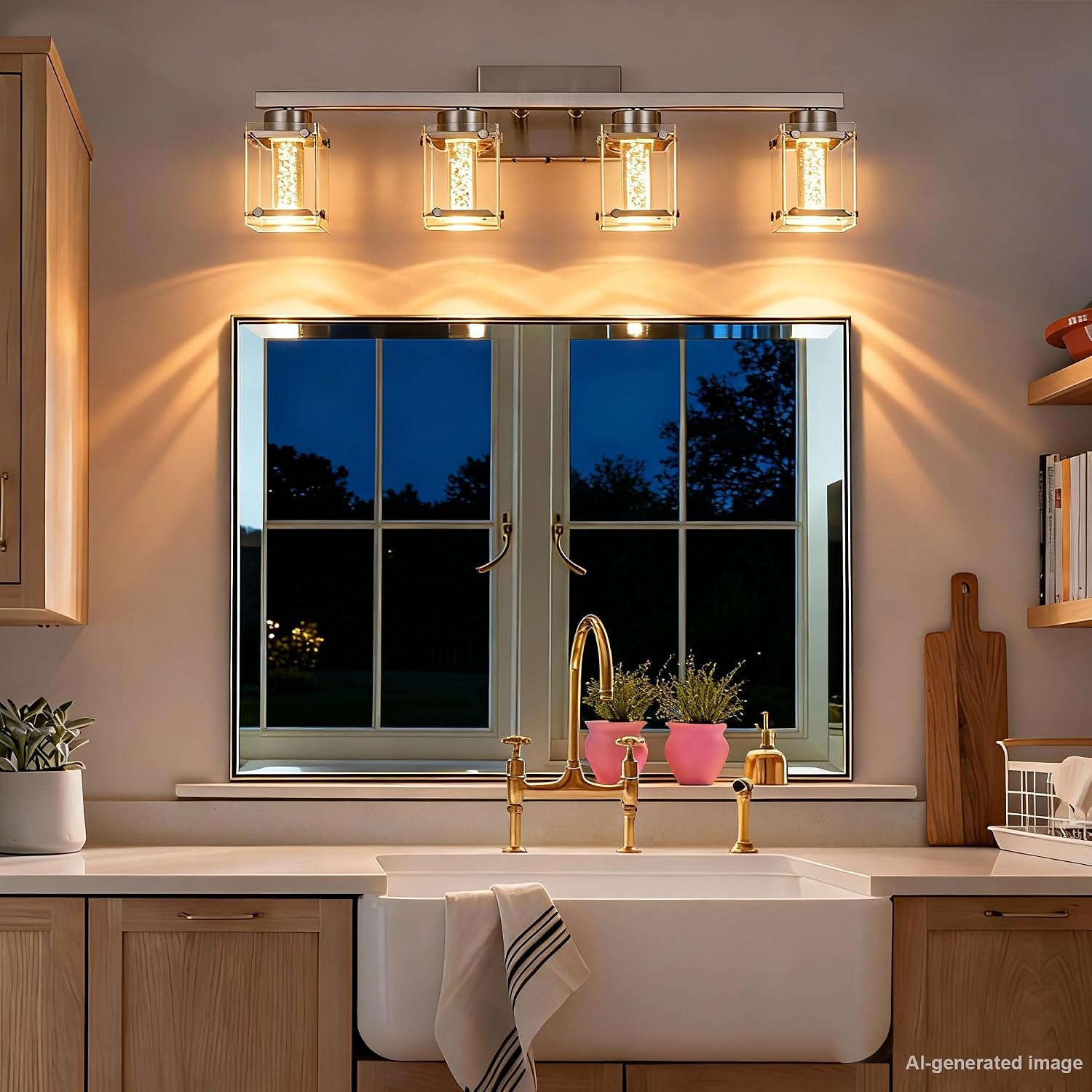 LED Brushed Nickel Finish Bathroom Light fixtures, 4 Lights Modern Bathroom Wall Sconces with Bubble Crystal Glass Classic Vanity Lighting fixtures Over Mirror
