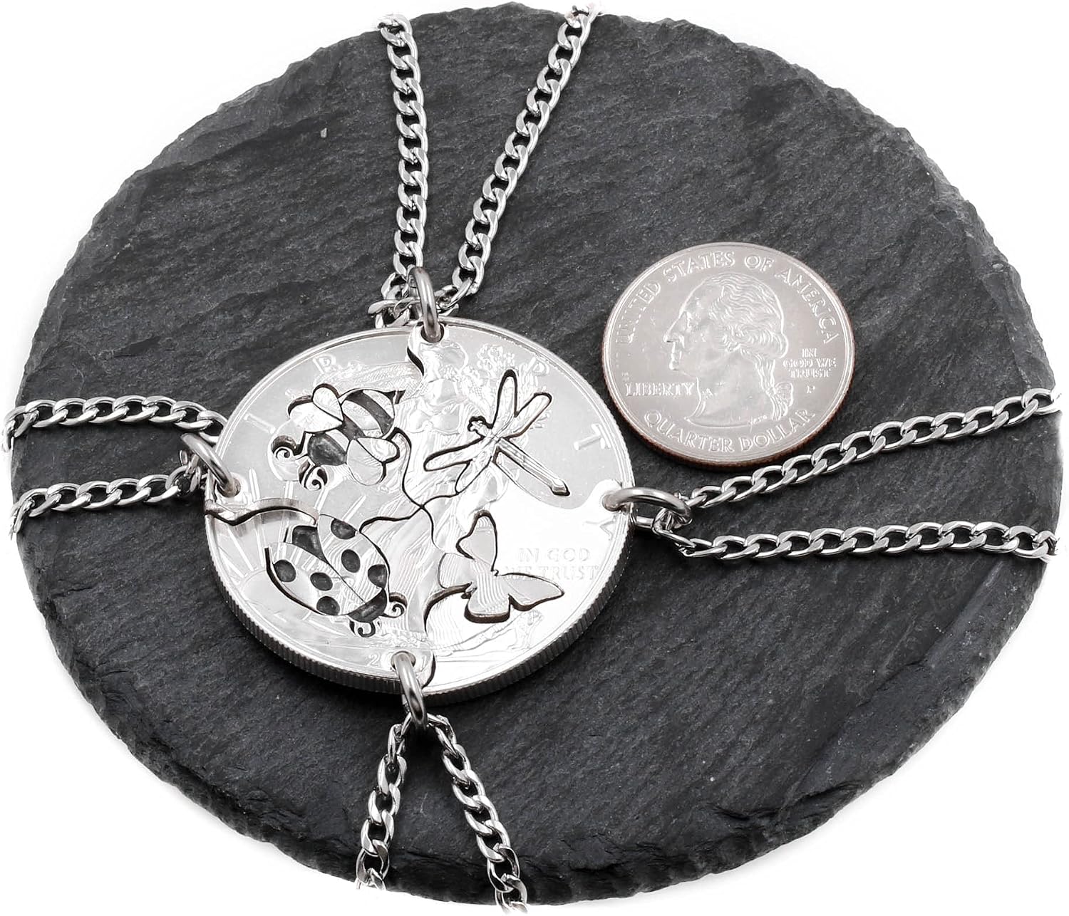 4 Piece Bug Necklaces, Ladybug, Bee, Dragonfly, Butterfly, Engraved Insects, Hand Cut Coin, By NameCoins