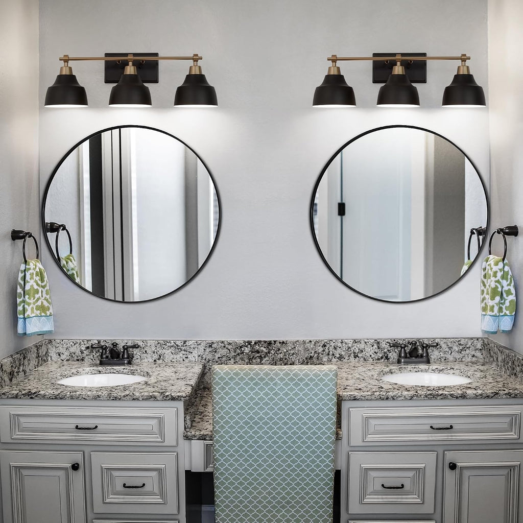 LALUZ Black Bathroom Vanity Light Fixtures, 3-Light Brass Modern Farmhouse Gold Vanity Wall Lamp Over Mirror with Metal Globe for Hallway, Bedroom, Kitchen, and Living Room