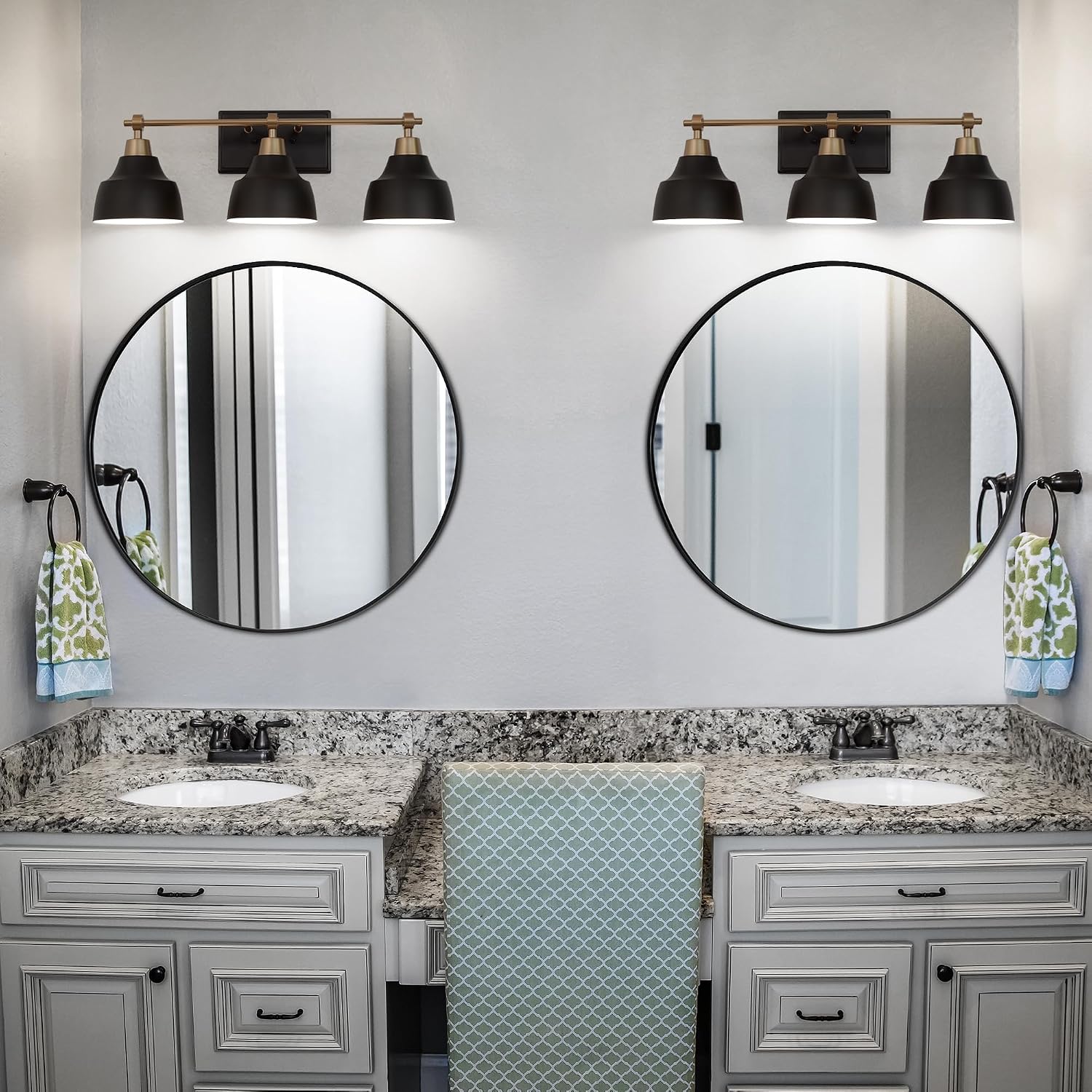 LALUZ Black Bathroom Vanity Light Fixtures, 3-Light Brass Modern Farmhouse Gold Vanity Wall Lamp Over Mirror with Metal Globe for Hallway, Bedroom, Kitchen, and Living Room