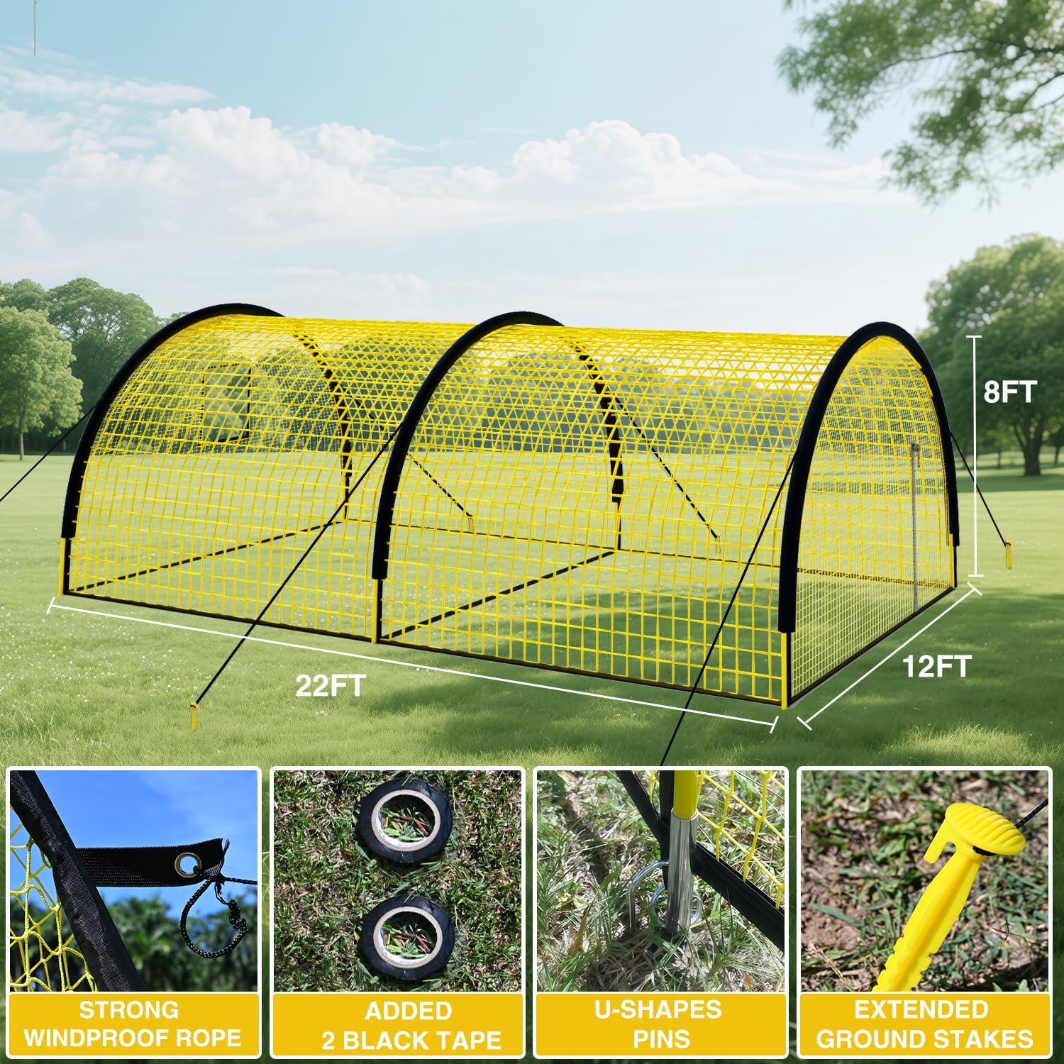 Upgraded 22ft x 12ft x 8ft Baseball & Softball Batting Cage Net with Pitching Machine Hole, 4ply 1.25'' Anti-Tear Netting, 13.4MM Fibreglass Poles, Portable Carry Bag