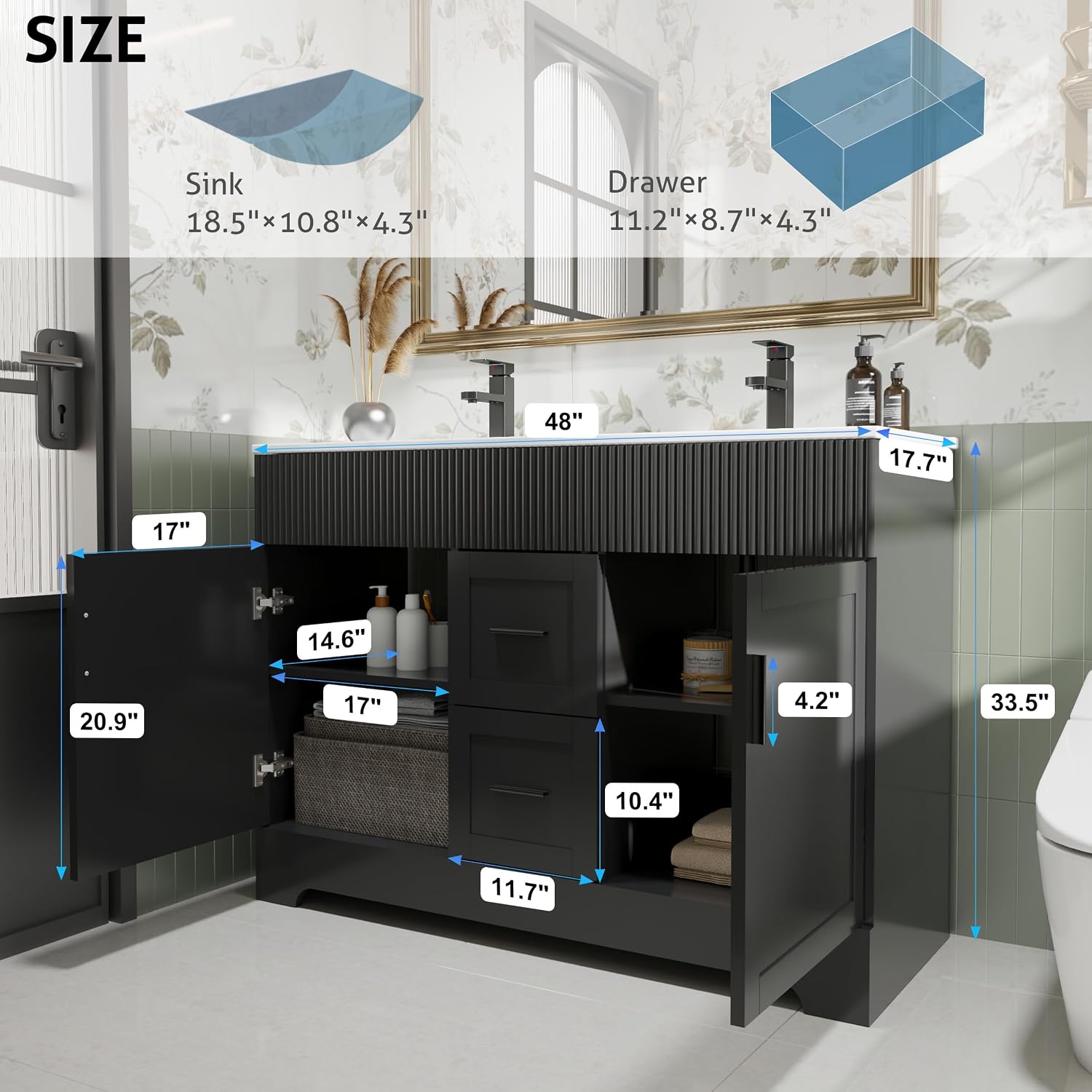 eclife 48' Bathroom Vanities Sink Combo with Painted Surface, Modern Drawered Cabinet W/Decorative Wave Lines, Undermount Double White Sink, Matte Black Faucet Drain, Black