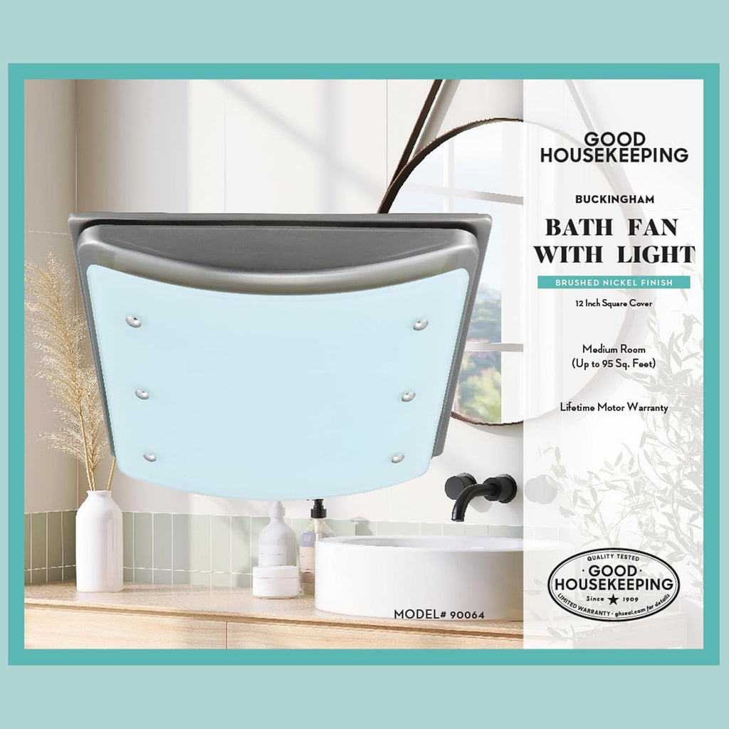 Good Housekeeping (90064) Buckingham 100 CFM 2.0 Sones Decorative Bathroom Ventilation Exhaust Fan with Light & Night-Light in Brushed Nickel