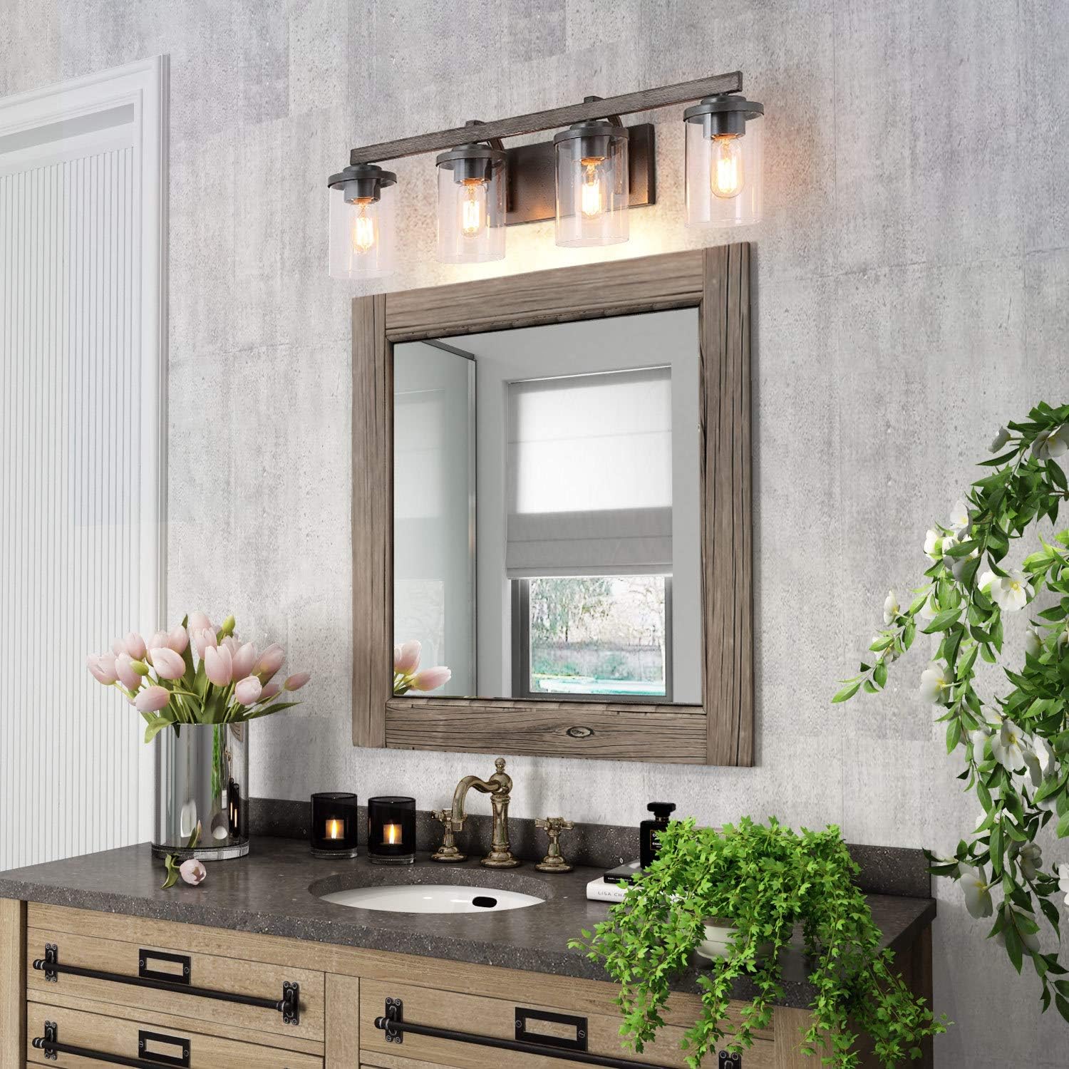 LALUZ Bathroom Vanity Light Fixtures, Farmhouse Vanity Lighting with Clear Glass Shades, Faux Wood, 4-Light, 28'' L x 6.3'' W x 8.7'' H