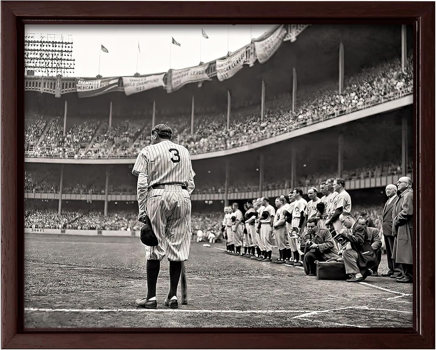 Poster Master The Babe Bows Out Canvas - Retro Babe Ruth Retires Print - Sports Art - Gift for Him, Men, Athlete - Baseball Art - Decor for Man Cave, Gym, Living Room - 16x20 Brown Framed Canvas