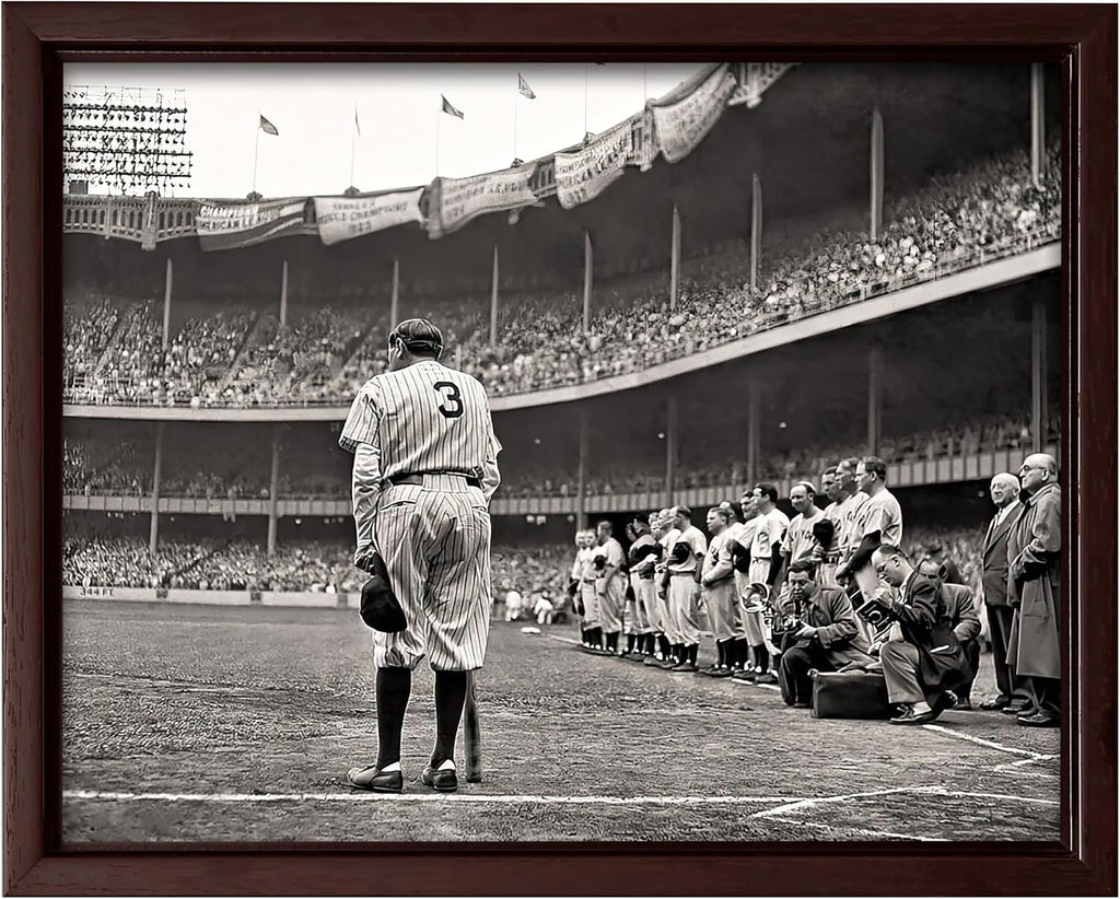 Poster Master The Babe Bows Out Canvas - Retro Babe Ruth Retires Print - Sports Art - Gift for Him, Men, Athlete - Baseball Art - Decor for Man Cave, Gym, Living Room - 18x24 Brown Framed Canvas