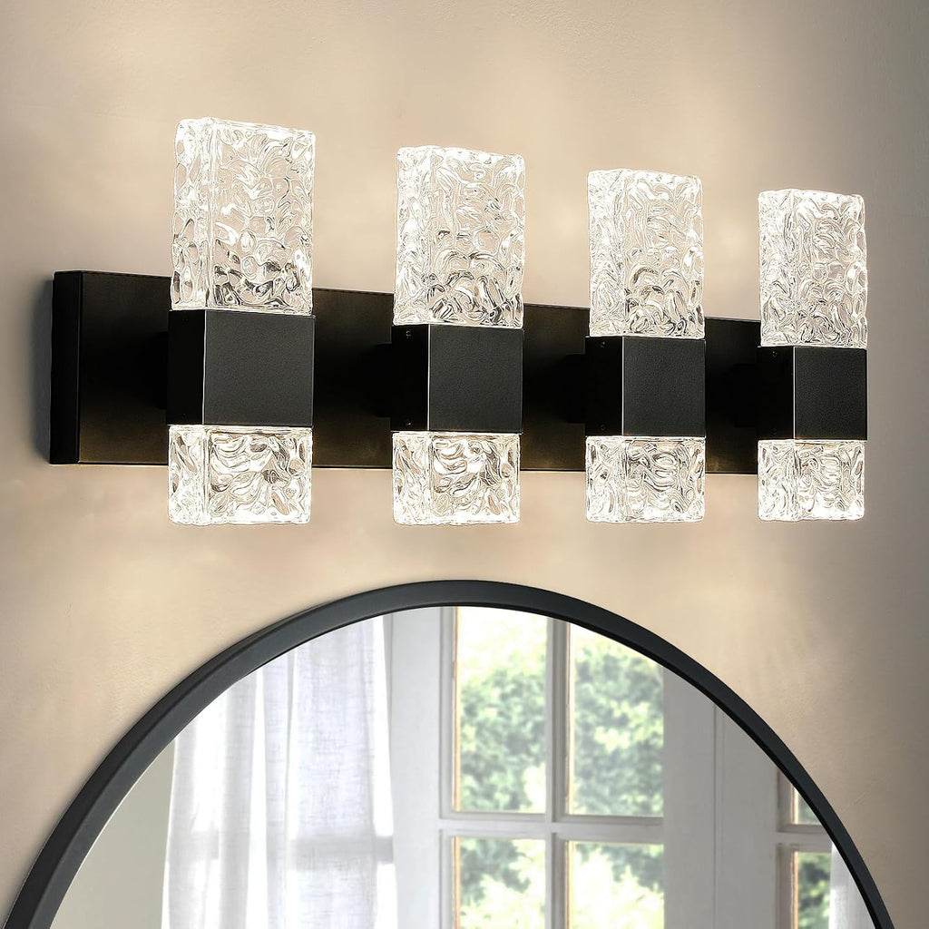 Epinl Black Bathroom Vanity Light Fixtures Bathroom Light Fixtures Over Mirror 4-Light 4000K LED Crystal Wall Sconces Modern 40W Brushed Hardwired Wall Lights for Bathroom Bedroom Living Room