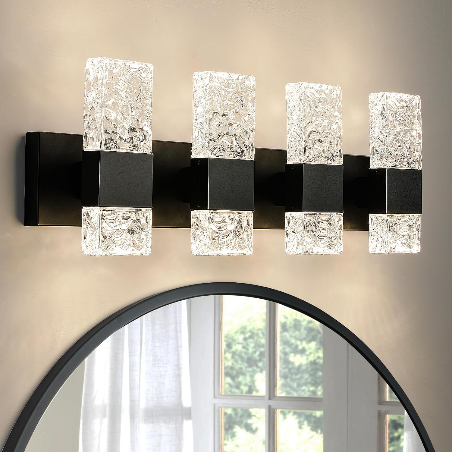 Epinl Black Bathroom Vanity Light Fixtures Bathroom Light Fixtures Over Mirror 4-Light 4000K LED Crystal Wall Sconces Modern 40W Brushed Hardwired Wall Lights for Bathroom Bedroom Living Room