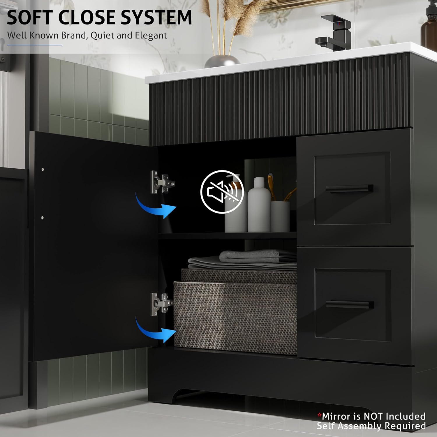 eclife 30' Bathroom Vanities Sink Combo with Painted Surface, Modern Drawered Cabinet W/Decorative Wave Lines, Undermount Single White Sink, Matte Black Faucet Drain, Black