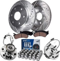 Detroit Axle - 4WD Front Drilled Rotors Brake Pads Wheel Hub Bearings w/ 24pc Lug Nuts Replacement for K1500 K2500 Escalade Tahoe Yukon - 30pc Set