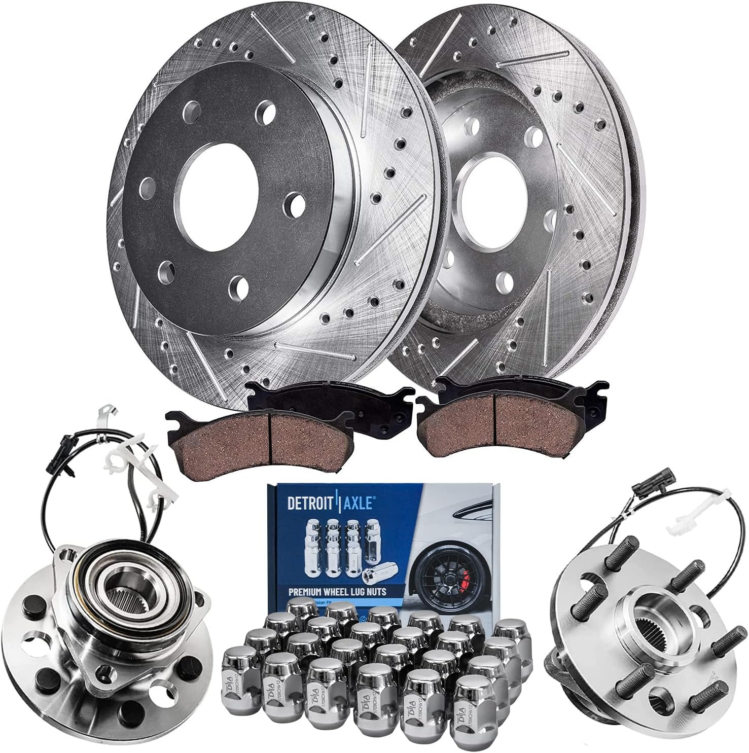 Detroit Axle - 4WD Front Drilled Rotors Brake Pads Wheel Hub Bearings w/ 24pc Lug Nuts Replacement for K1500 K2500 Escalade Tahoe Yukon - 30pc Set