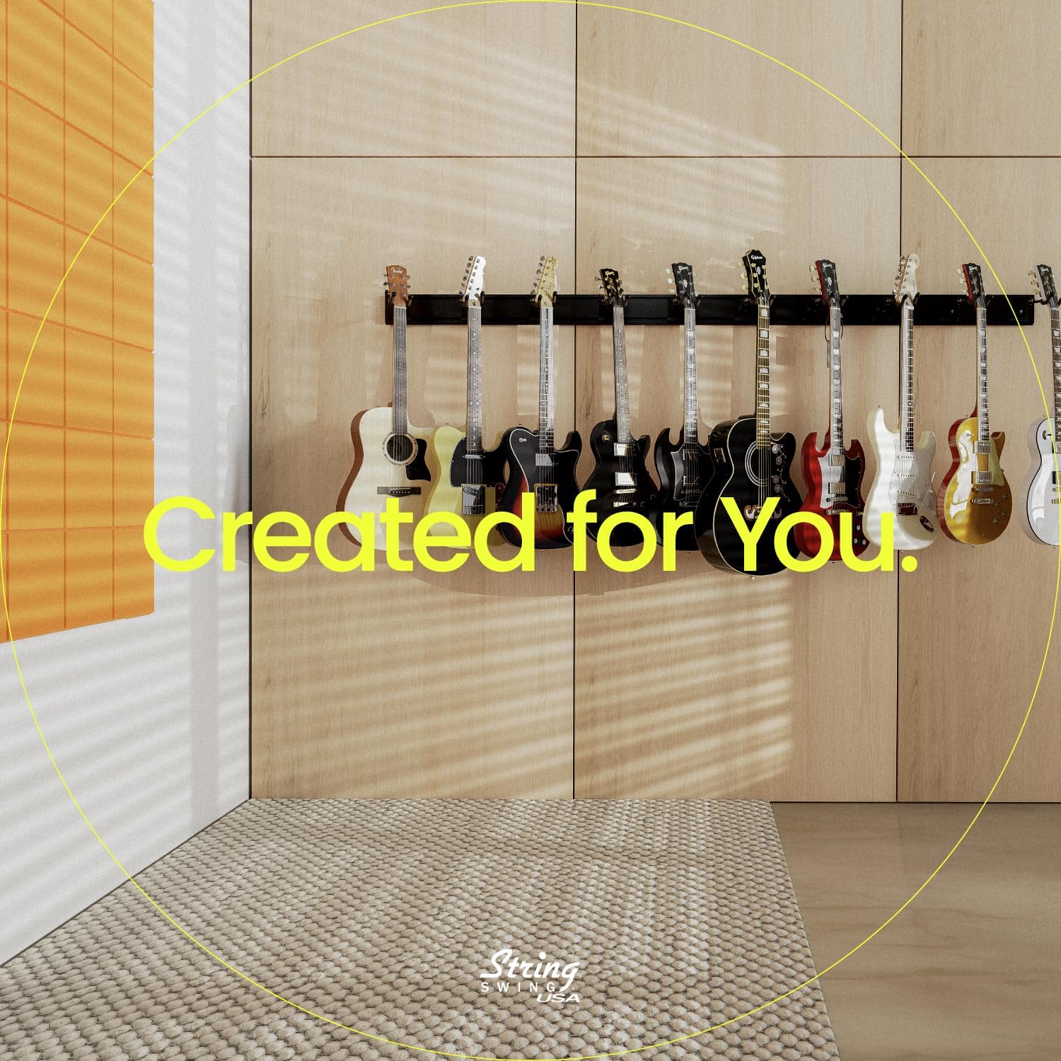 String Swing Guitar Wall Rack, Guitar Stand Mulitple Guitars, Hanging Guitar Stand for Acoustic & Electric Guitars, 10 Heavy Duty Padded Arm Hangers & Black Slatwall Rail - MADE IN USA