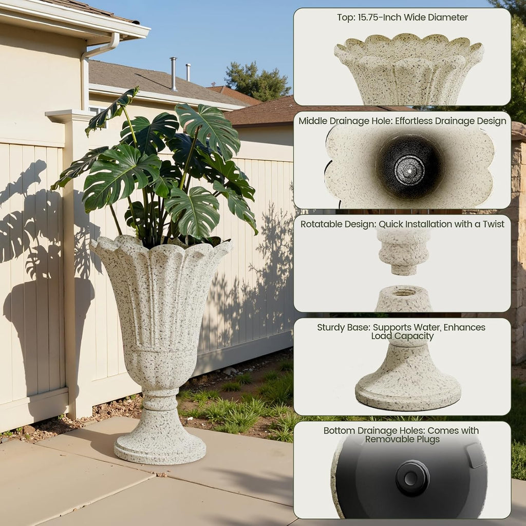 Heavy-Duty 23.6' Tall Urns Planters for Outdoor Plants - Set of 2 Water Storage Base Large Outdoor Planter for Porch, Sandblasting Process Indoor Flower Pots for Home Decor/Garden Vase, Beige