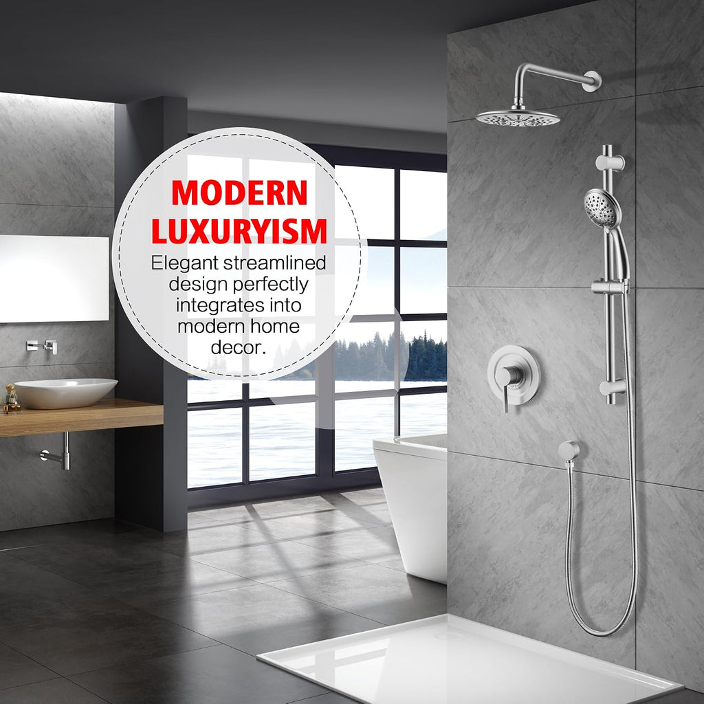 sumerain Brushed Nickel Rain Shower System Complete with Multi-Settings Rainfall Showerhead and Handheld Spray, Shower Faucet Set Includes Shower Valve and Slide Bar