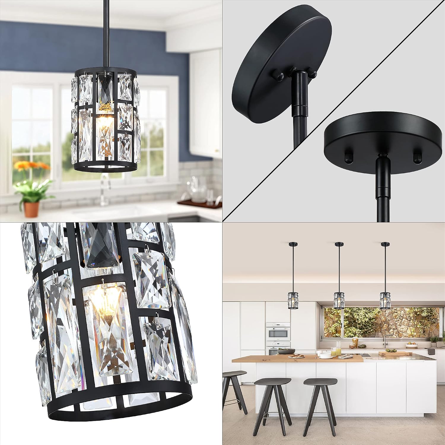 MEXO Modern Crystal Pendant Light Fixture 3-Pack Matte Black Finish Hanging Lighting Crystal Chandelier for Living Room, Kitchen, Hallway