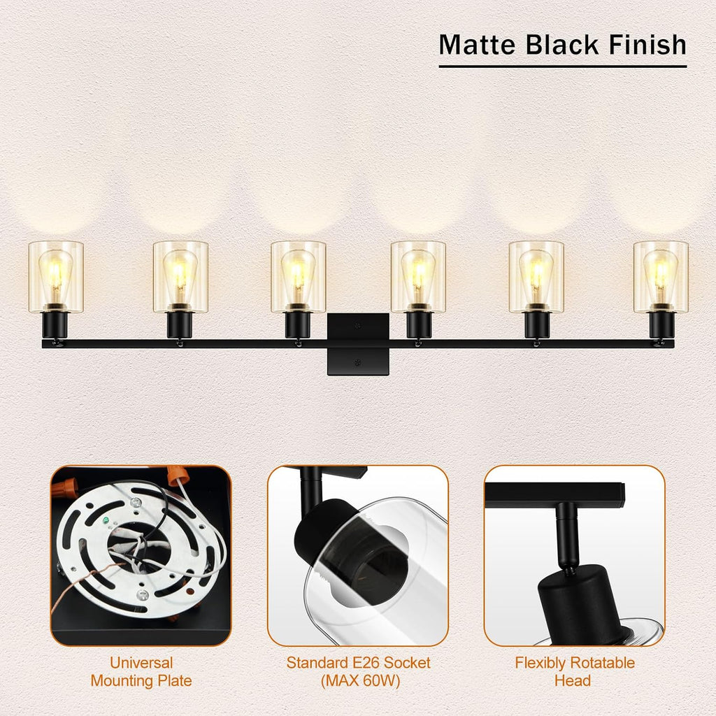 Track Lighting Fixtures Ceiling, 6-Light Track Light with Clear Glass Shade, 45' Modern Kitchen Lighting Ceiling with Rotatable Track Head, Black Wall Light for Vanity Hallway Bedroom(E26, No Bulb)