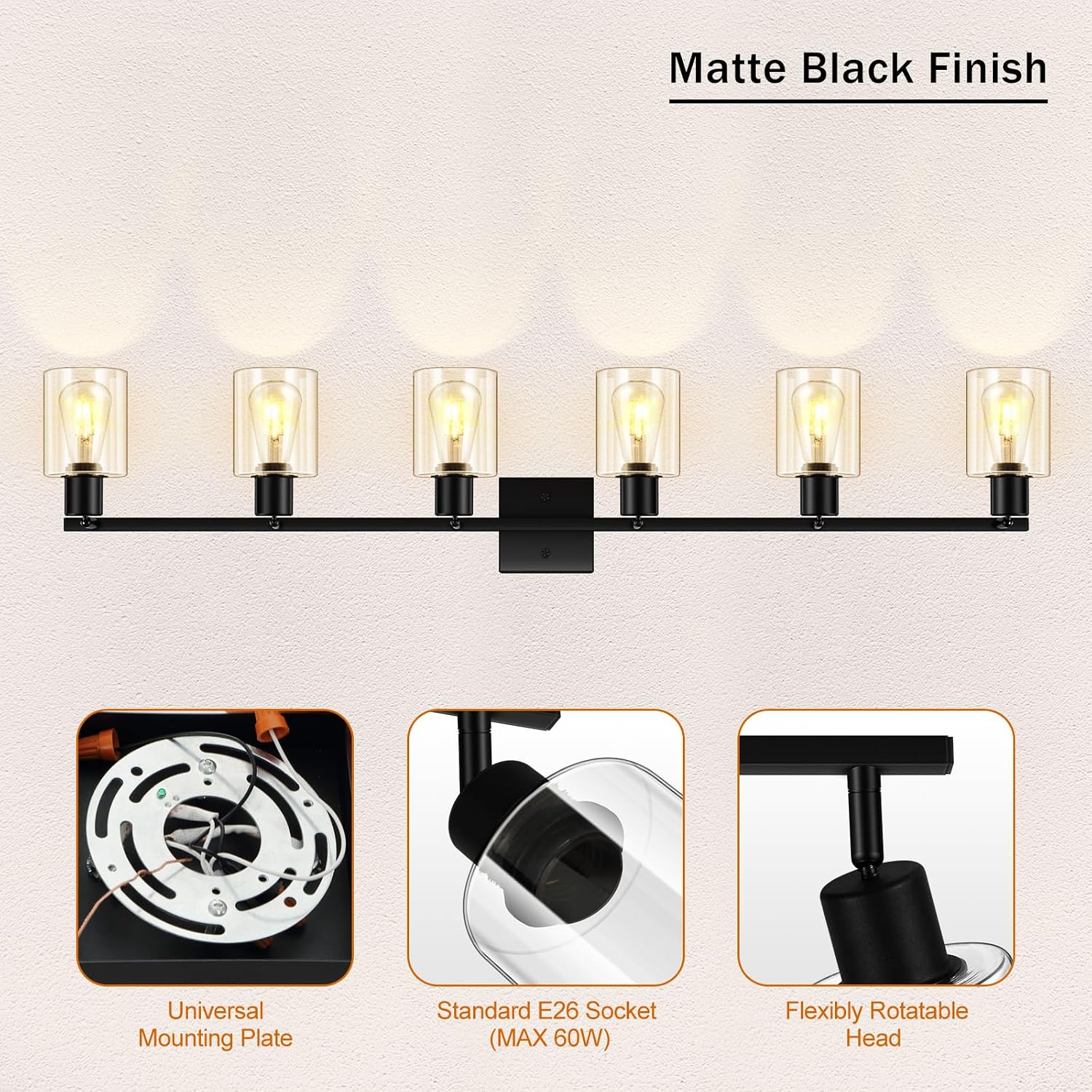 Track Lighting Fixtures Ceiling, 6-Light Track Light with Clear Glass Shade, 45' Modern Kitchen Lighting Ceiling with Rotatable Track Head, Black Wall Light for Vanity Hallway Bedroom(E26, No Bulb)