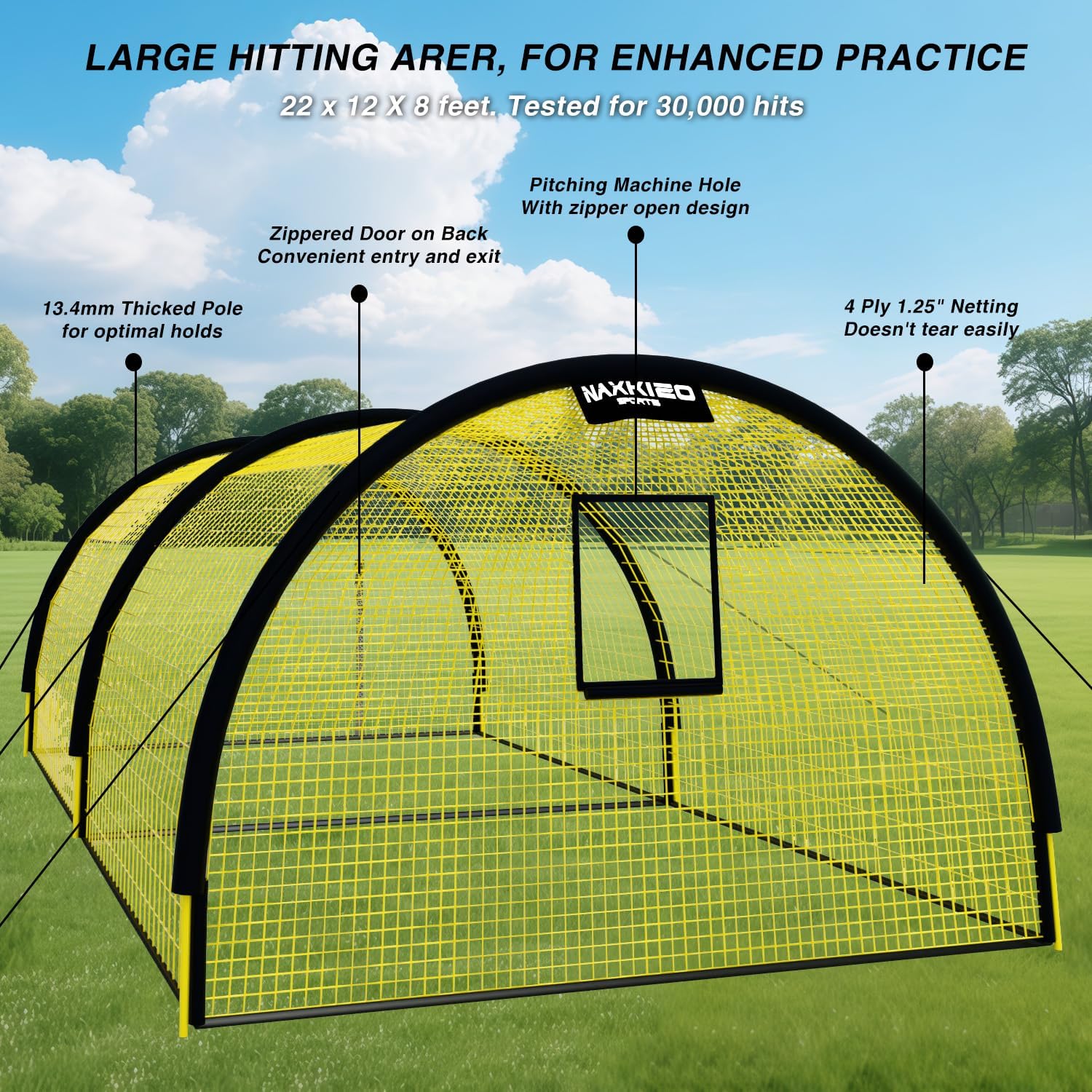 Upgraded 22ft x 12ft x 8ft Baseball & Softball Batting Cage Net with Pitching Machine Hole, 4ply 1.25'' Anti-Tear Netting, 13.4MM Fibreglass Poles, Portable Carry Bag