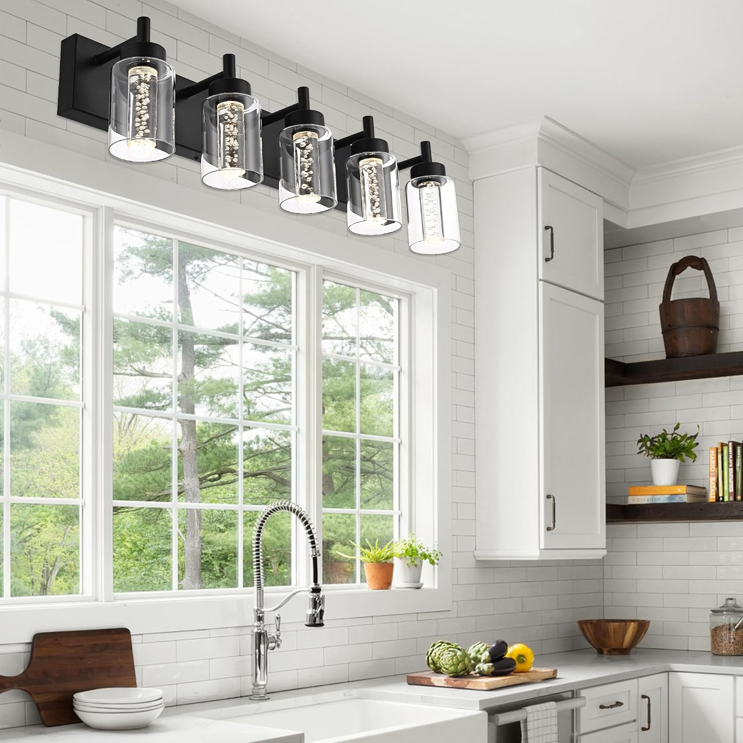 5-Light LED Bathroom Vanity Light Fixtures, Metal Black Finish Bathroom Lighting Over Mirror Interior Wall Lighting Fixtures with Crystal Bulb Clear Glass Shade(LED Bulbs Included)