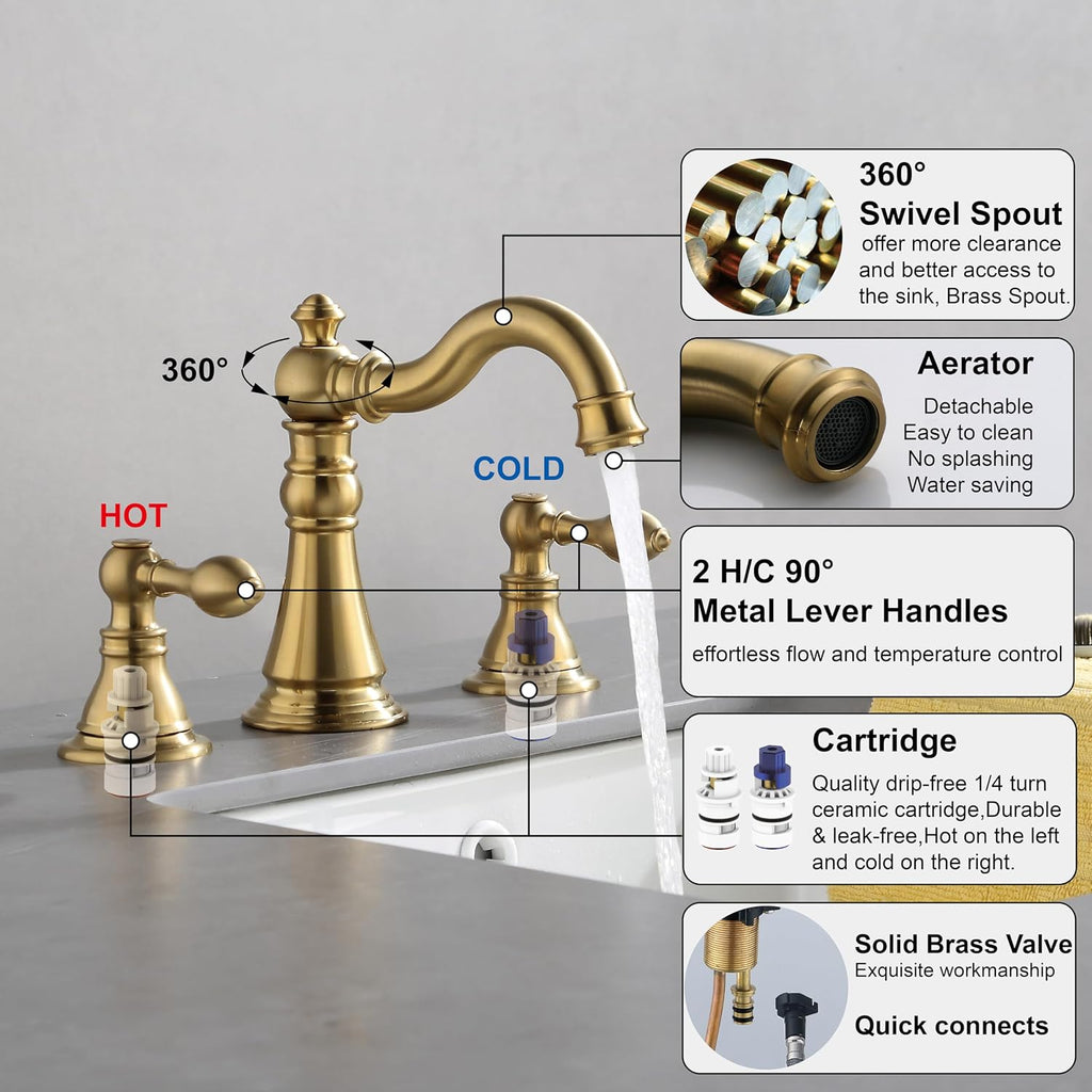 Two Handle Bathroom Sink Faucet 3 Hole Brushed Gold with Pop up Drain,High Arc Lavatory 8 Inch Widespread Bathroom Faucet, F-8805-BG