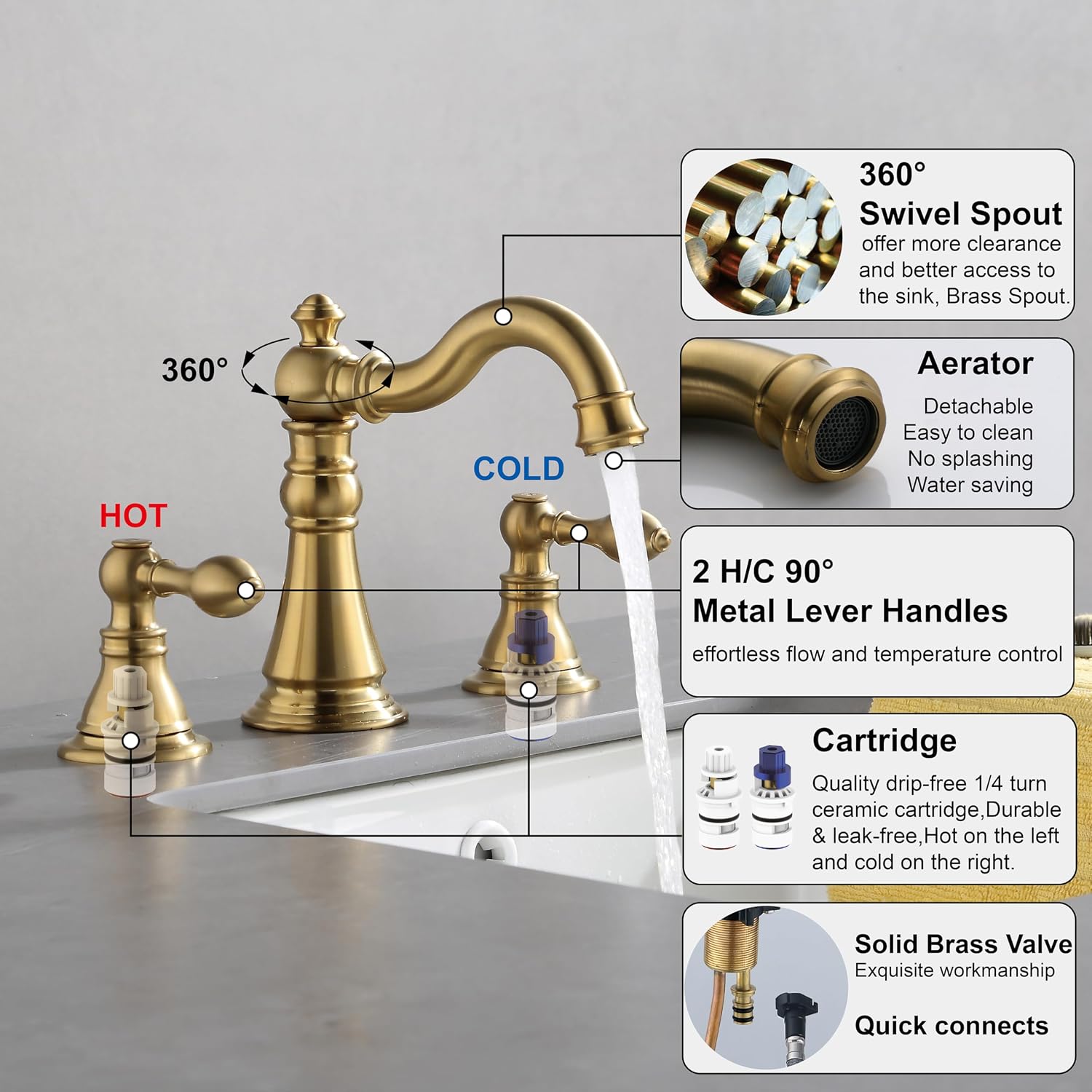 Two Handle Bathroom Sink Faucet 3 Hole Brushed Gold with Pop up Drain,High Arc Lavatory 8 Inch Widespread Bathroom Faucet, F-8805-BG