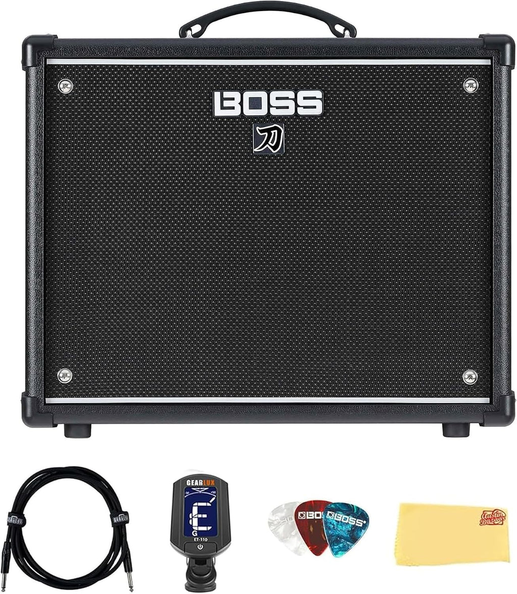 Boss Katana-50 Gen 3 50-Watt 1x12-Inch Guitar Combo Amplifier Bundle with Gearlux Instrument Cable, Tuner, Picks, and Austin Bazaar Polishing Cloth