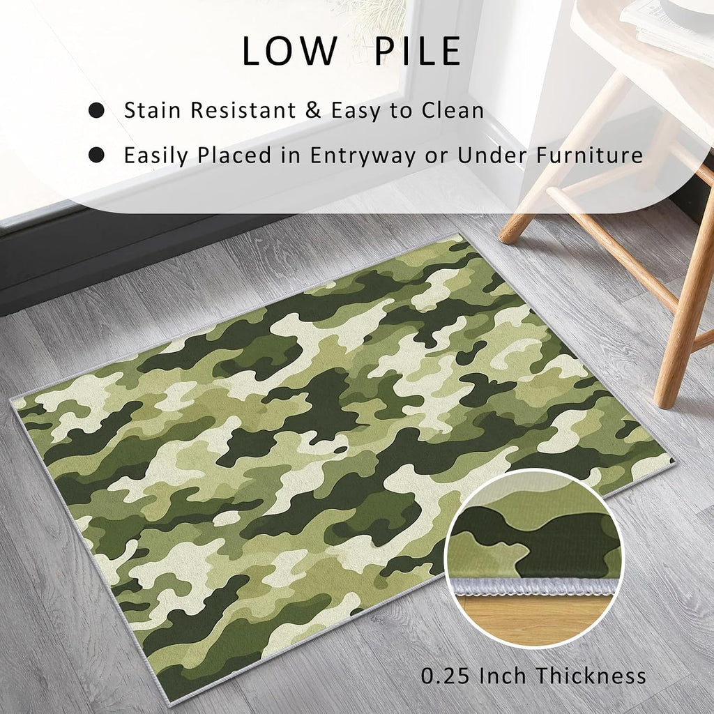 Army Green Camo Rug 8x12 for Bedroom, Camouflage Patterned Living Room Area Rug, Green Camo Kids Boys Girls Room Decor, Washable Soft Thin Carpet with Non Slip Backing, 8 x 12 ft - Lu11722