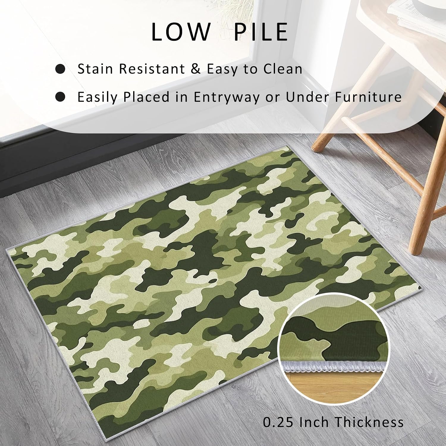 Army Green Camo Rug 8x12 for Bedroom, Camouflage Patterned Living Room Area Rug, Green Camo Kids Boys Girls Room Decor, Washable Soft Thin Carpet with Non Slip Backing, 8 x 12 ft - Lu11722
