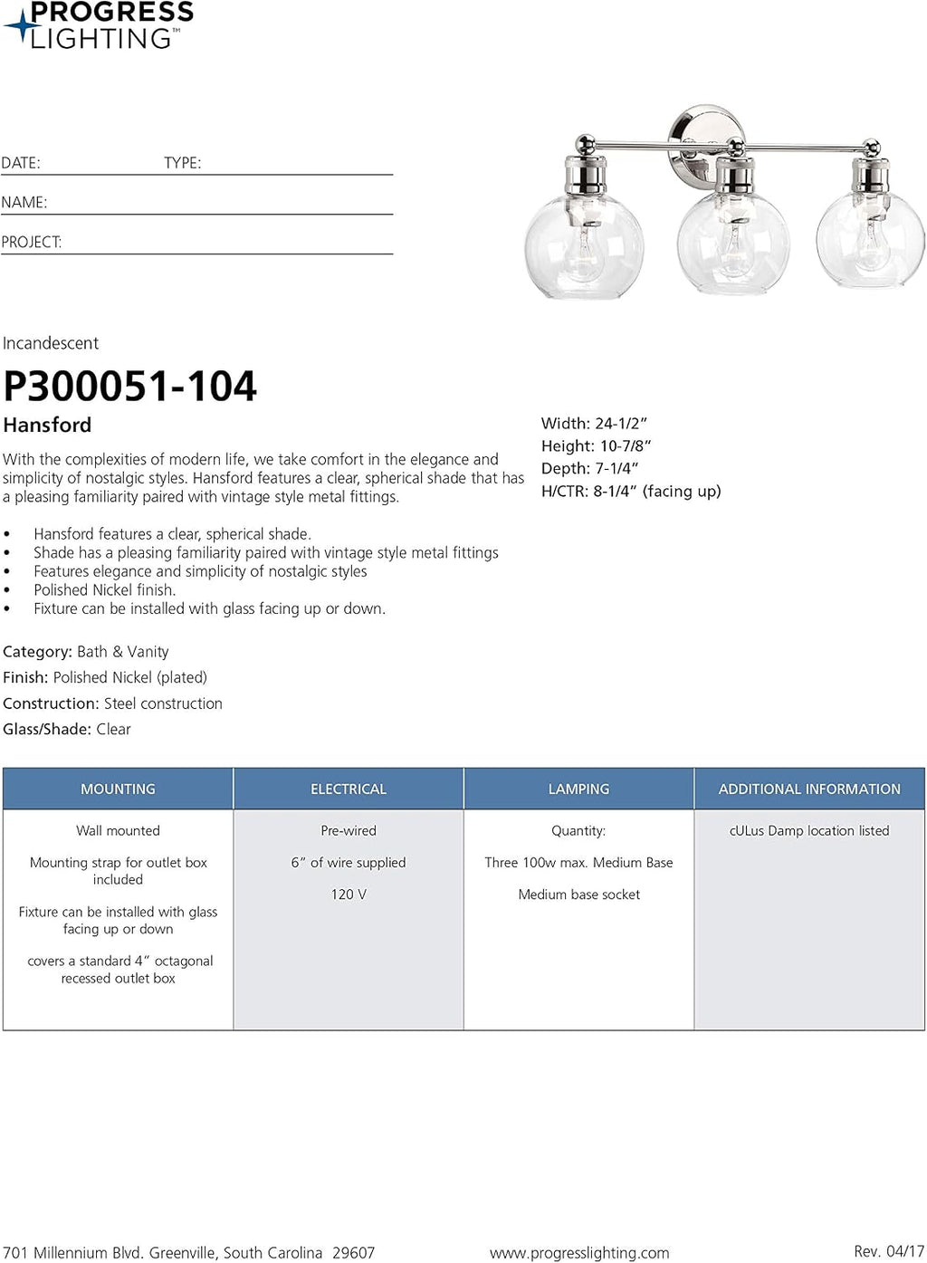 Hansford Collection 3-Light Clear Glass Coastal Bath Vanity Light Polished Nickel